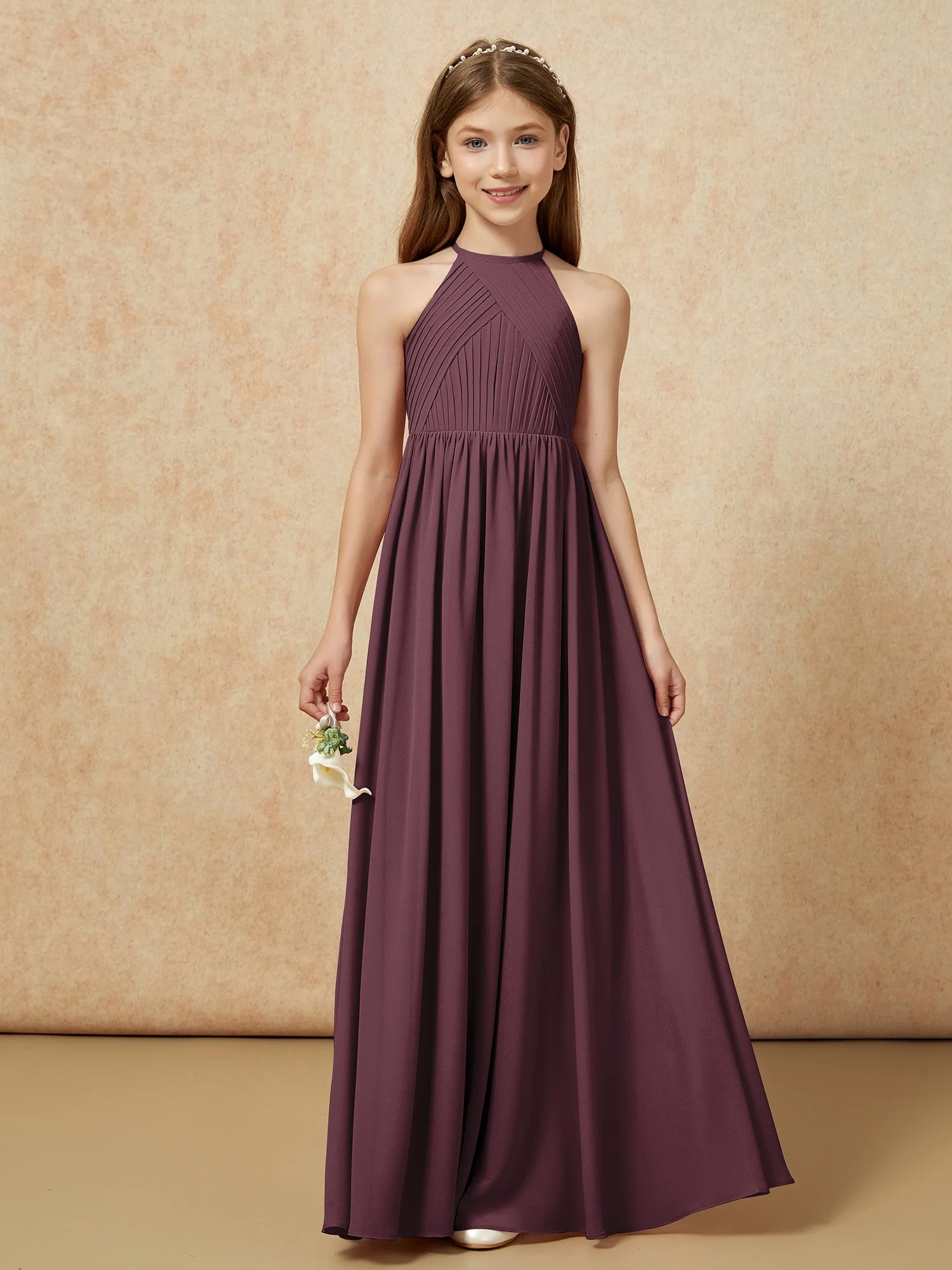 Halshalter Plissee Lang Chiffon Junge Brautjungfernkleider Cabernet
