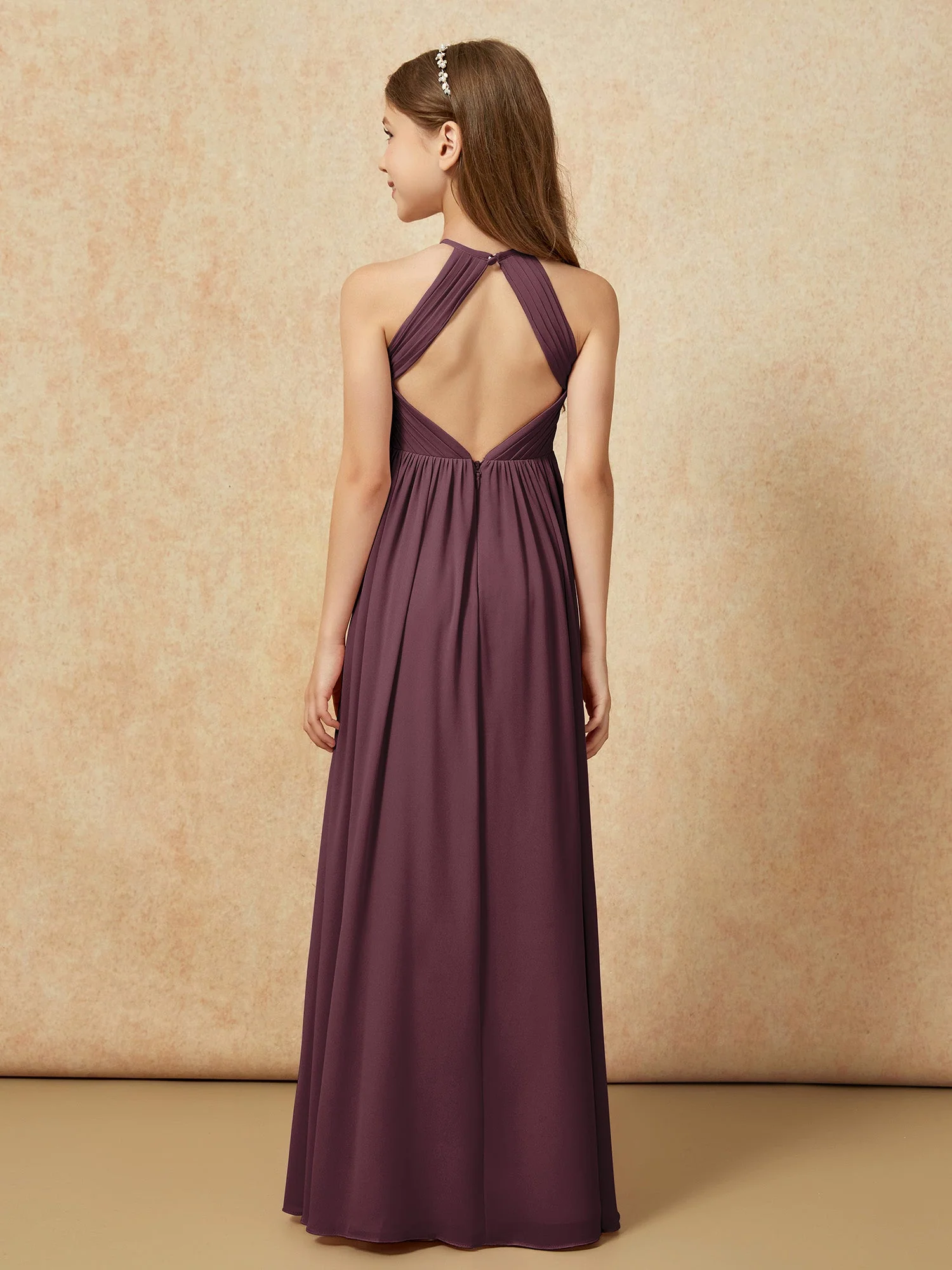 Halshalter Plissee Lang Chiffon Junge Brautjungfernkleider Cabernet - Image 2