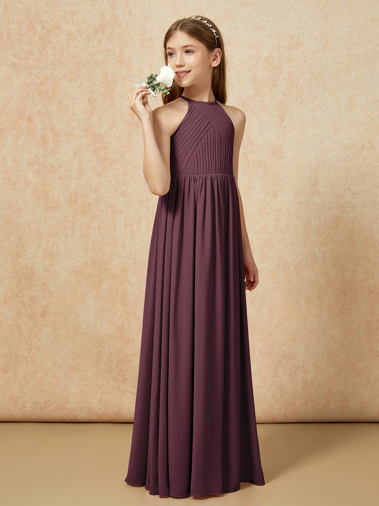 Halshalter Plissee Lang Chiffon Junge Brautjungfernkleider Cabernet - Image 3