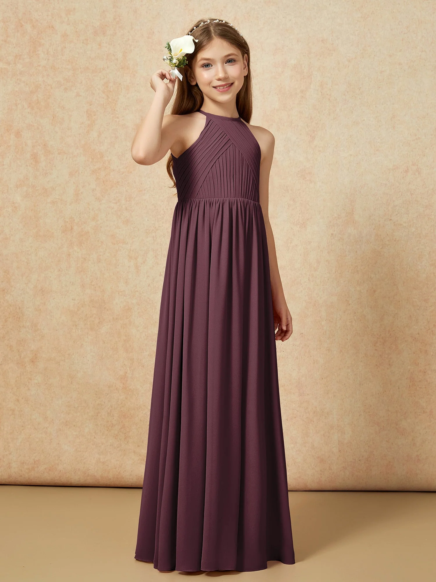 Halshalter Plissee Lang Chiffon Junge Brautjungfernkleider Cabernet - Image 4