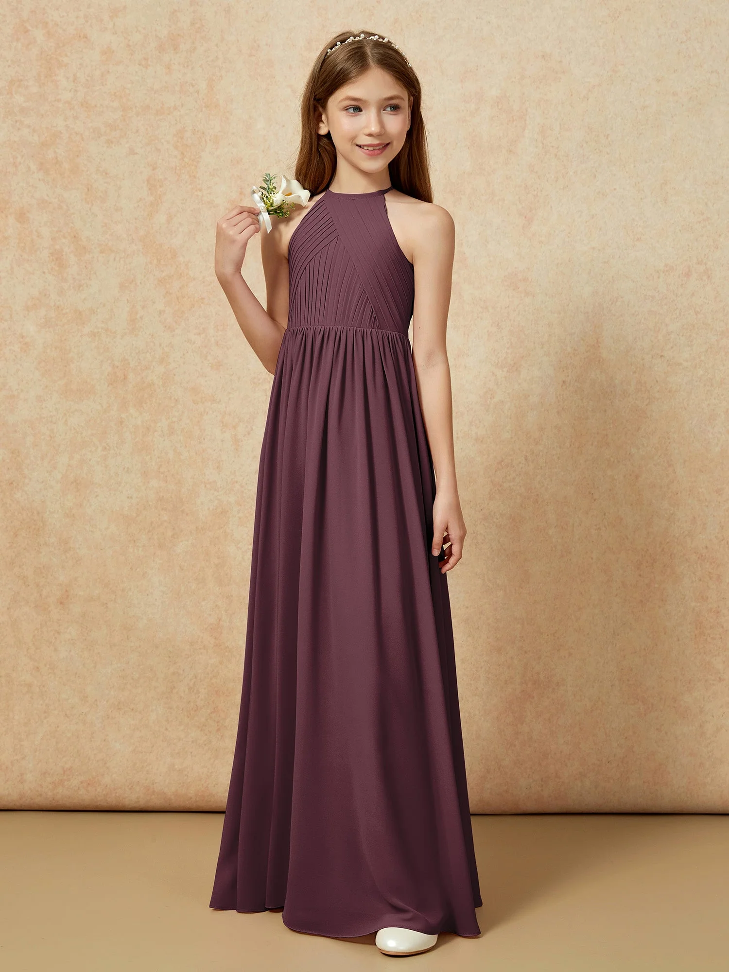 Halshalter Plissee Lang Chiffon Junge Brautjungfernkleider Cabernet - Image 5