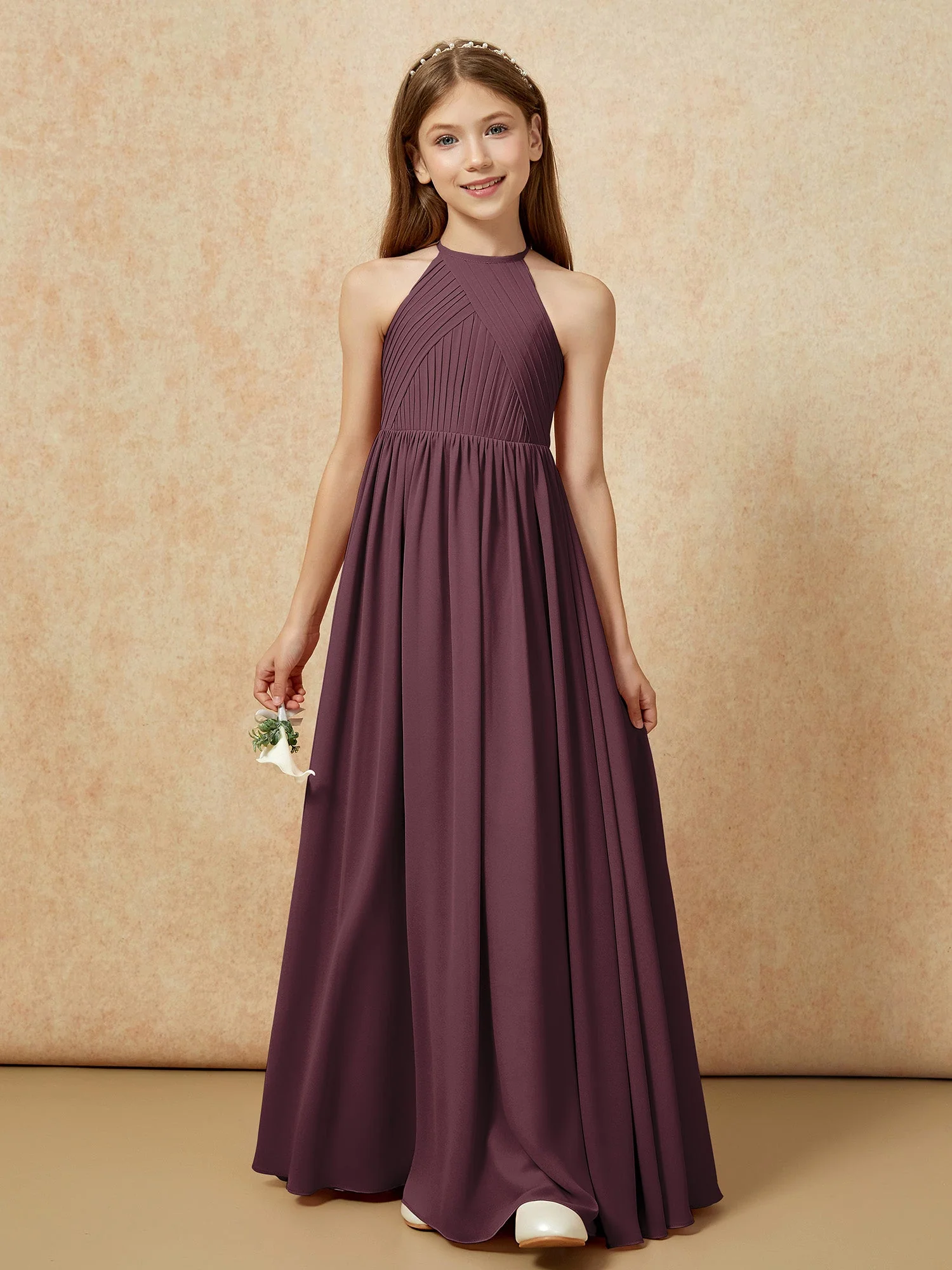 Halshalter Plissee Lang Chiffon Junge Brautjungfernkleider Cabernet - Image 6