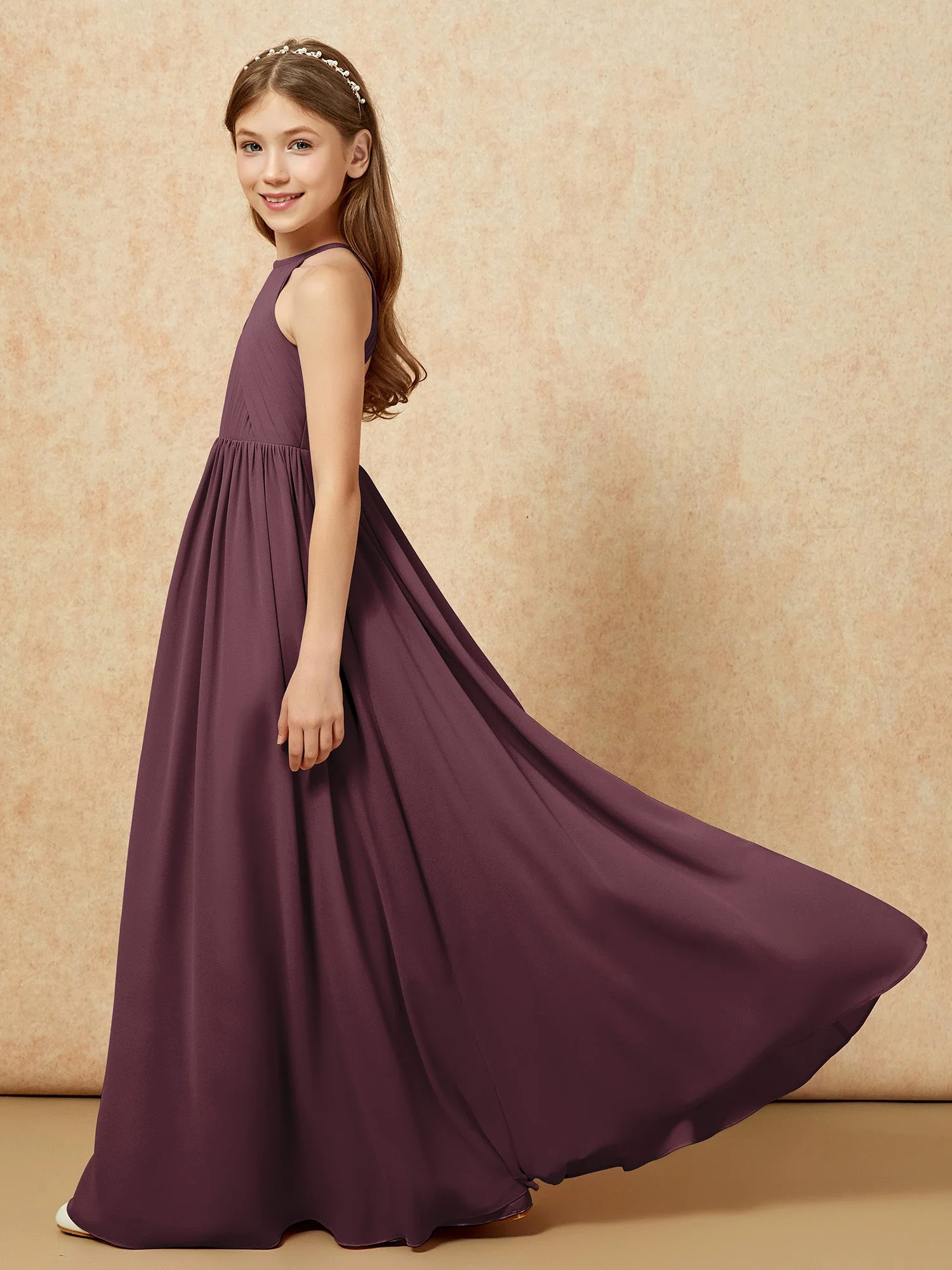Halshalter Plissee Lang Chiffon Junge Brautjungfernkleider Cabernet - Image 7