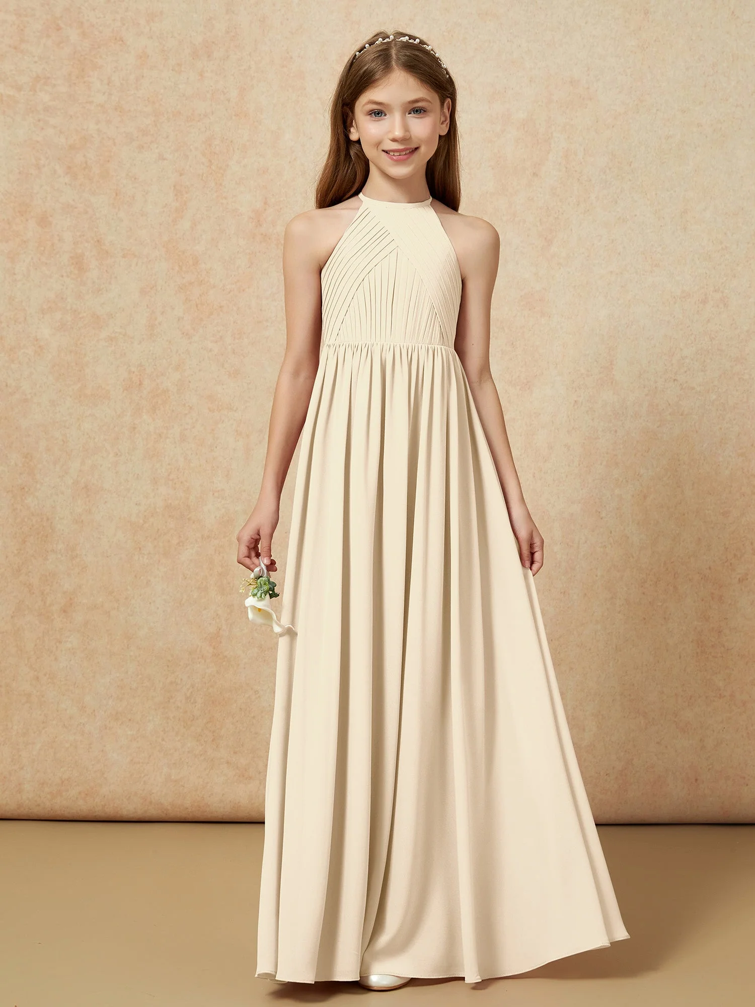 Halshalter Plissee Lang Chiffon Junge Brautjungfernkleider Champagner
