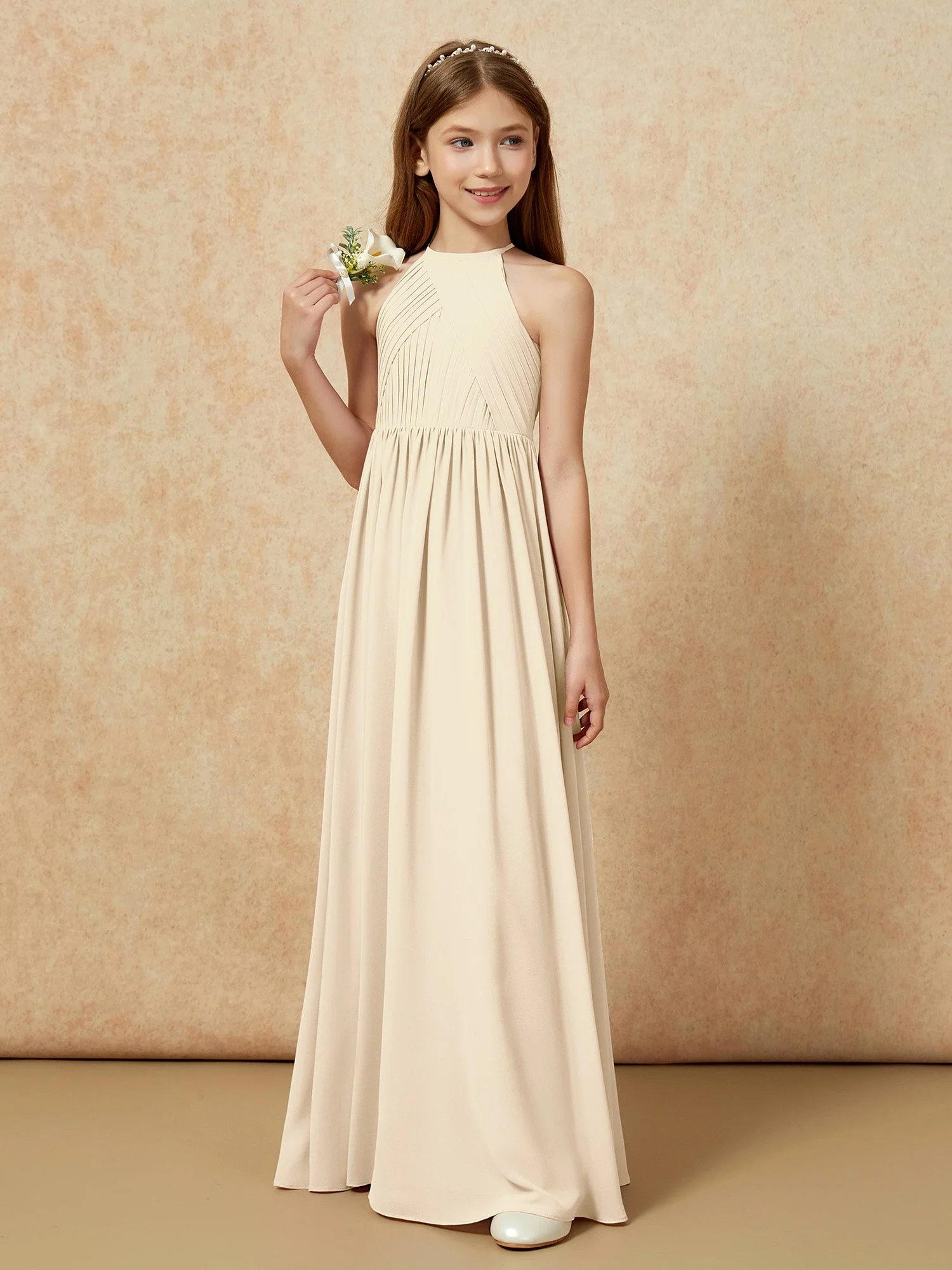 Halshalter Plissee Lang Chiffon Junge Brautjungfernkleider Champagner - Image 5