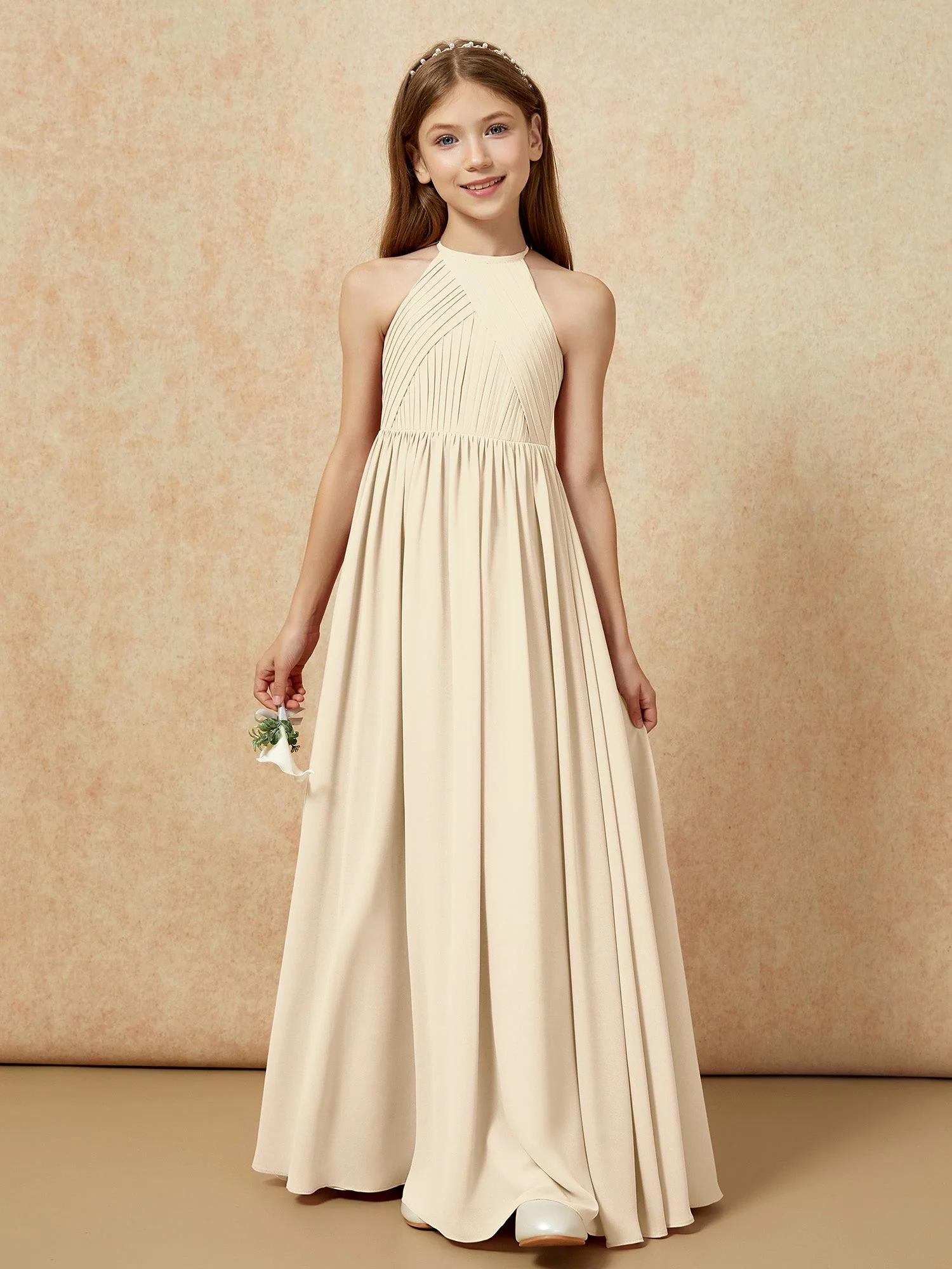 Halshalter Plissee Lang Chiffon Junge Brautjungfernkleider Champagner - Image 6