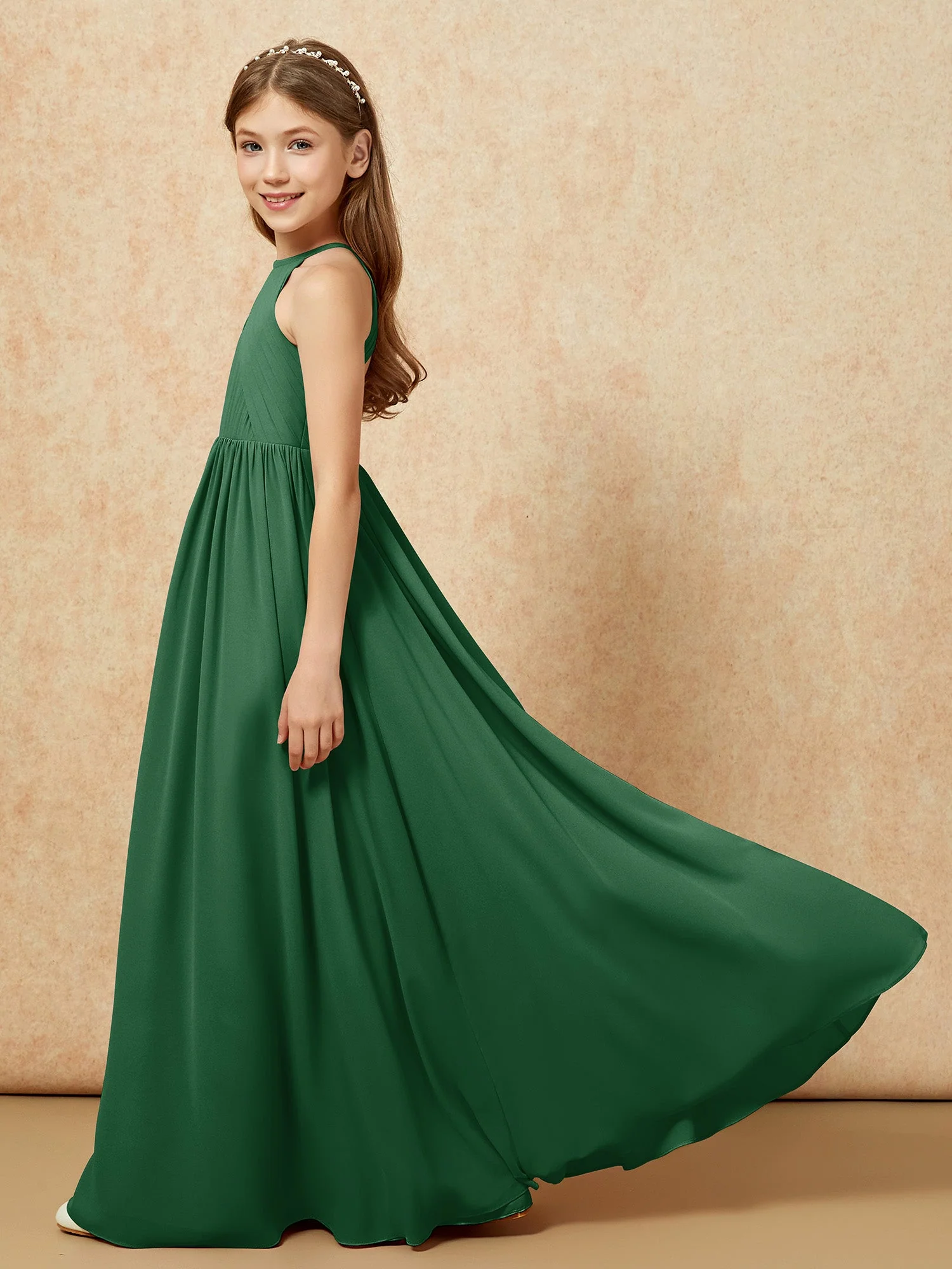 Halshalter Plissee Lang Chiffon Junge Brautjungfernkleider Dunkelgrün - Image 7