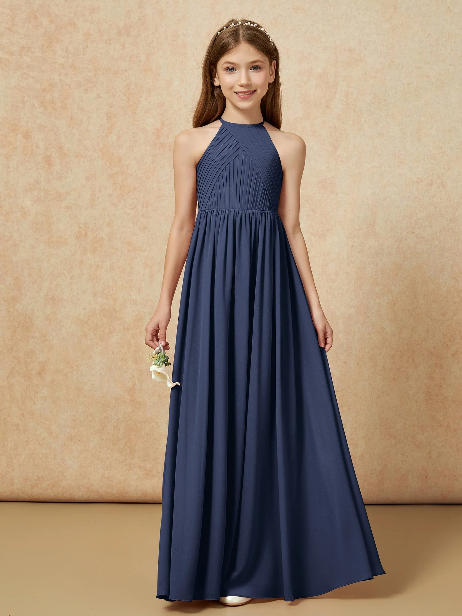 Halshalter Plissee Lang Chiffon Junge Brautjungfernkleider Dunkelmarine