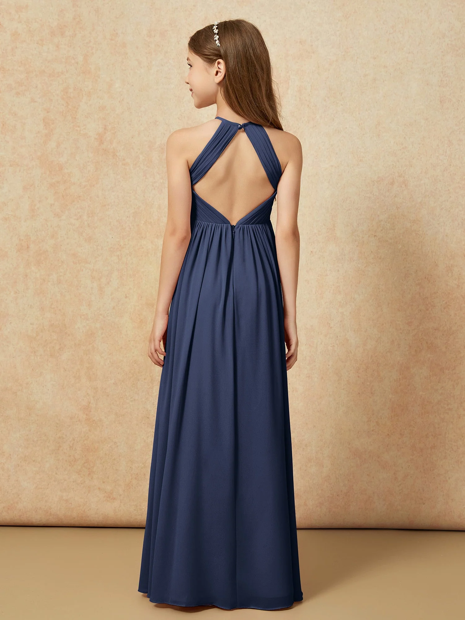 Halshalter Plissee Lang Chiffon Junge Brautjungfernkleider Dunkelmarine - Image 2