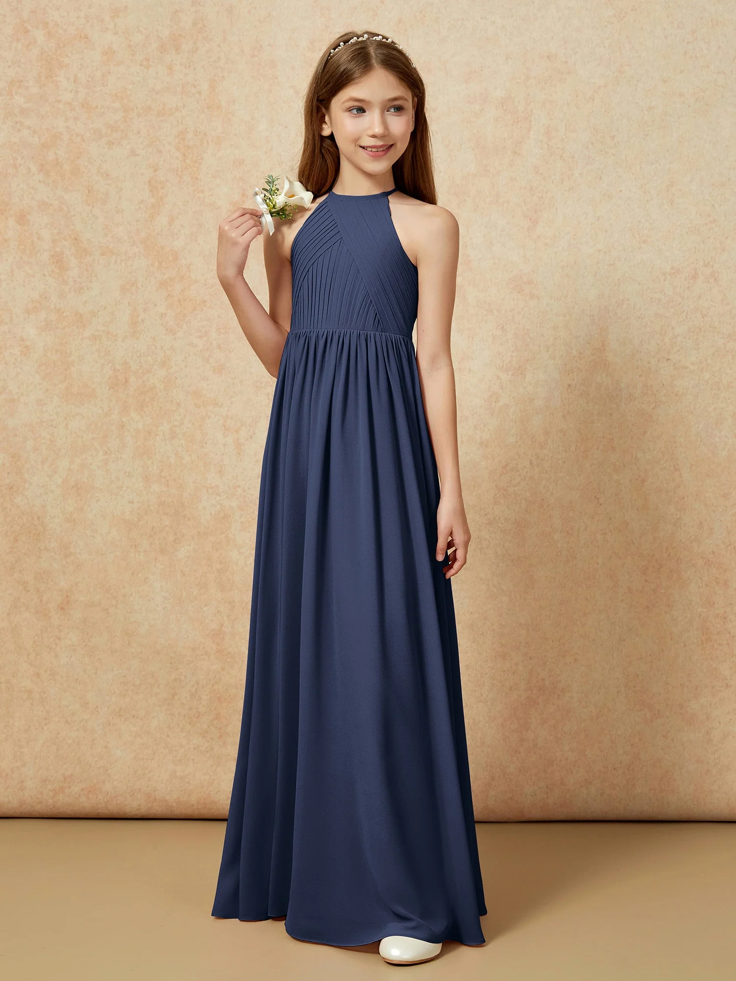 Halshalter Plissee Lang Chiffon Junge Brautjungfernkleider Dunkelmarine - Image 5