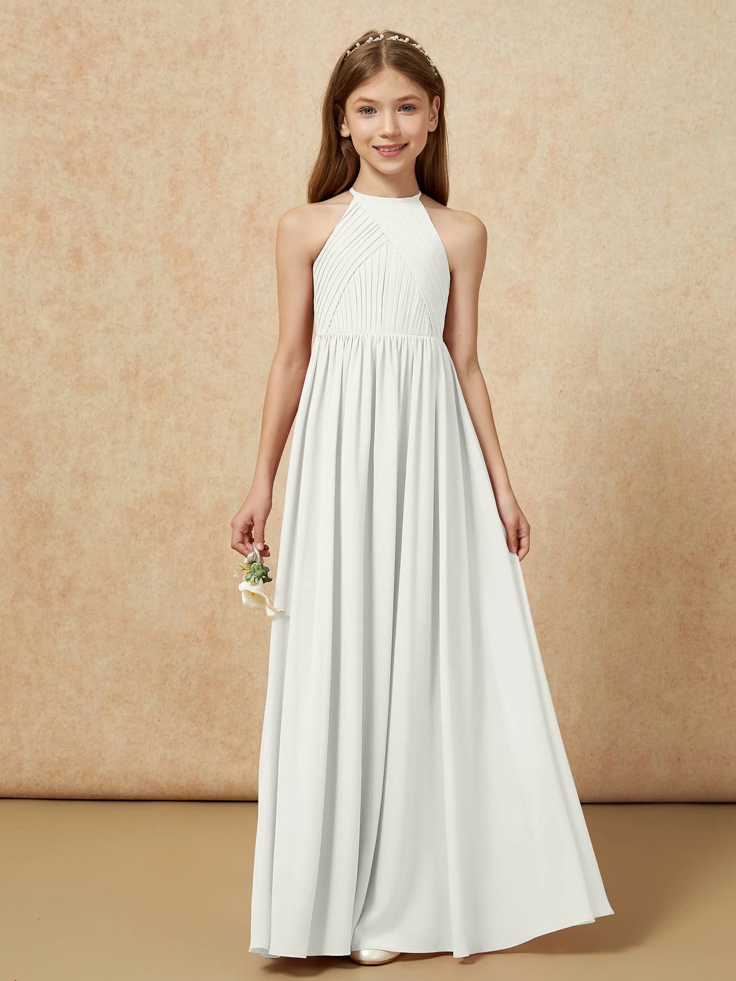 Halshalter Plissee Lang Chiffon Junge Brautjungfernkleider Elfenbein