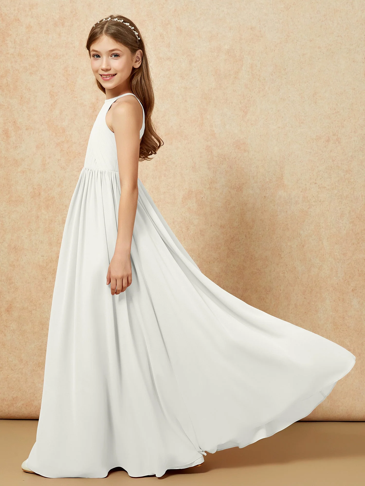 Halshalter Plissee Lang Chiffon Junge Brautjungfernkleider Elfenbein - Image 7