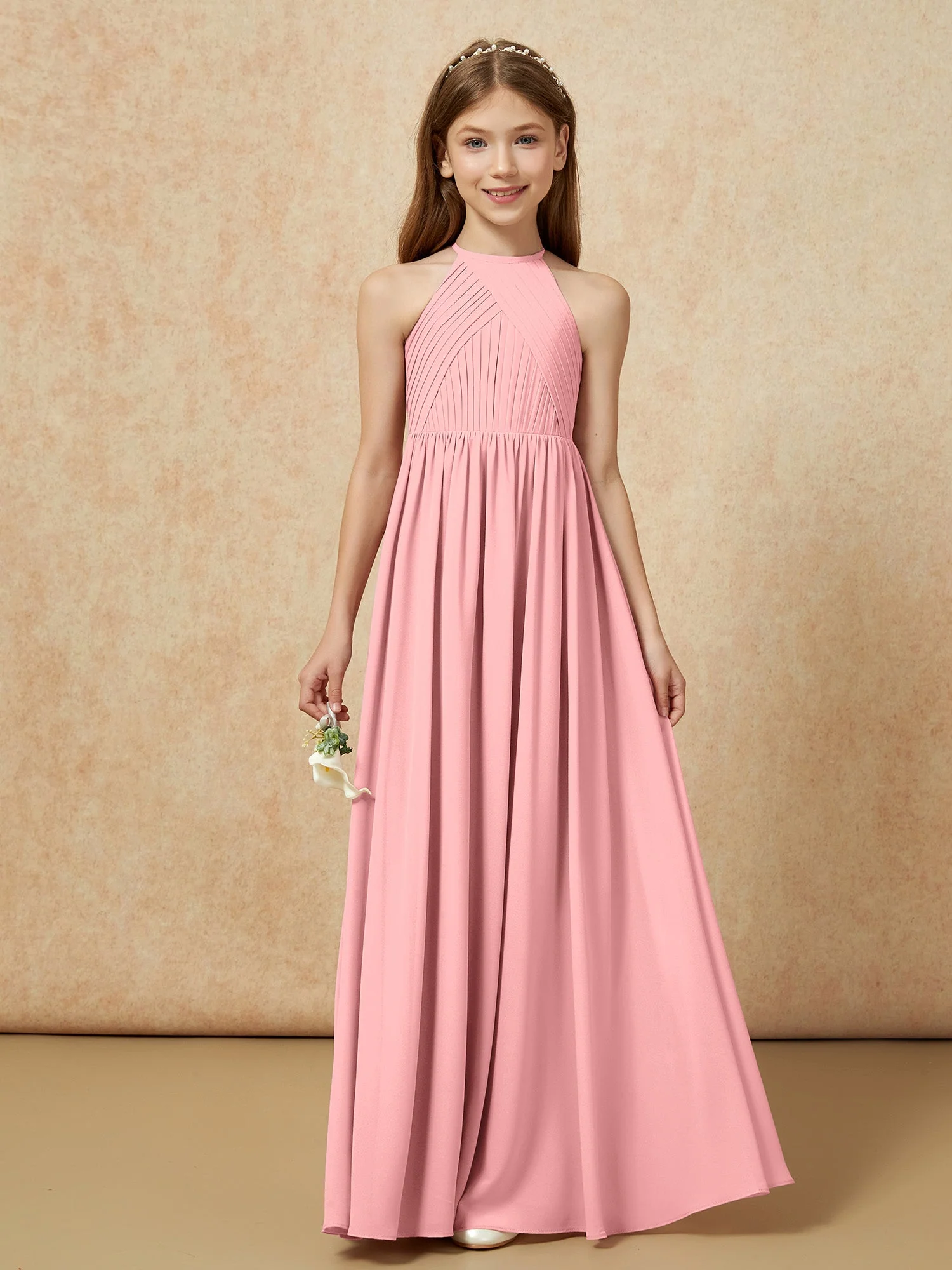 Halshalter Plissee Lang Chiffon Junge Brautjungfernkleider Flamingo