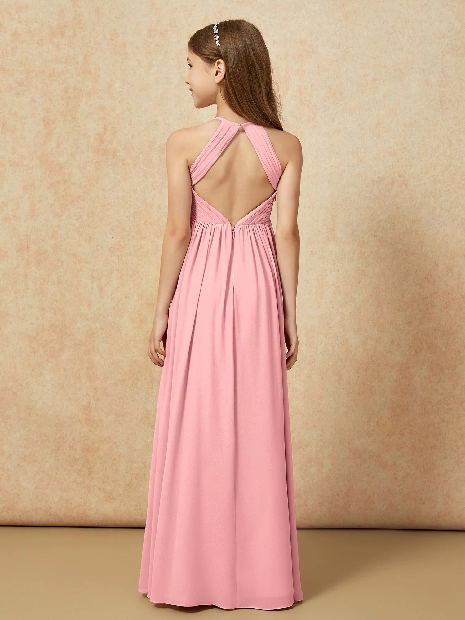 Halshalter Plissee Lang Chiffon Junge Brautjungfernkleider Flamingo - Image 2