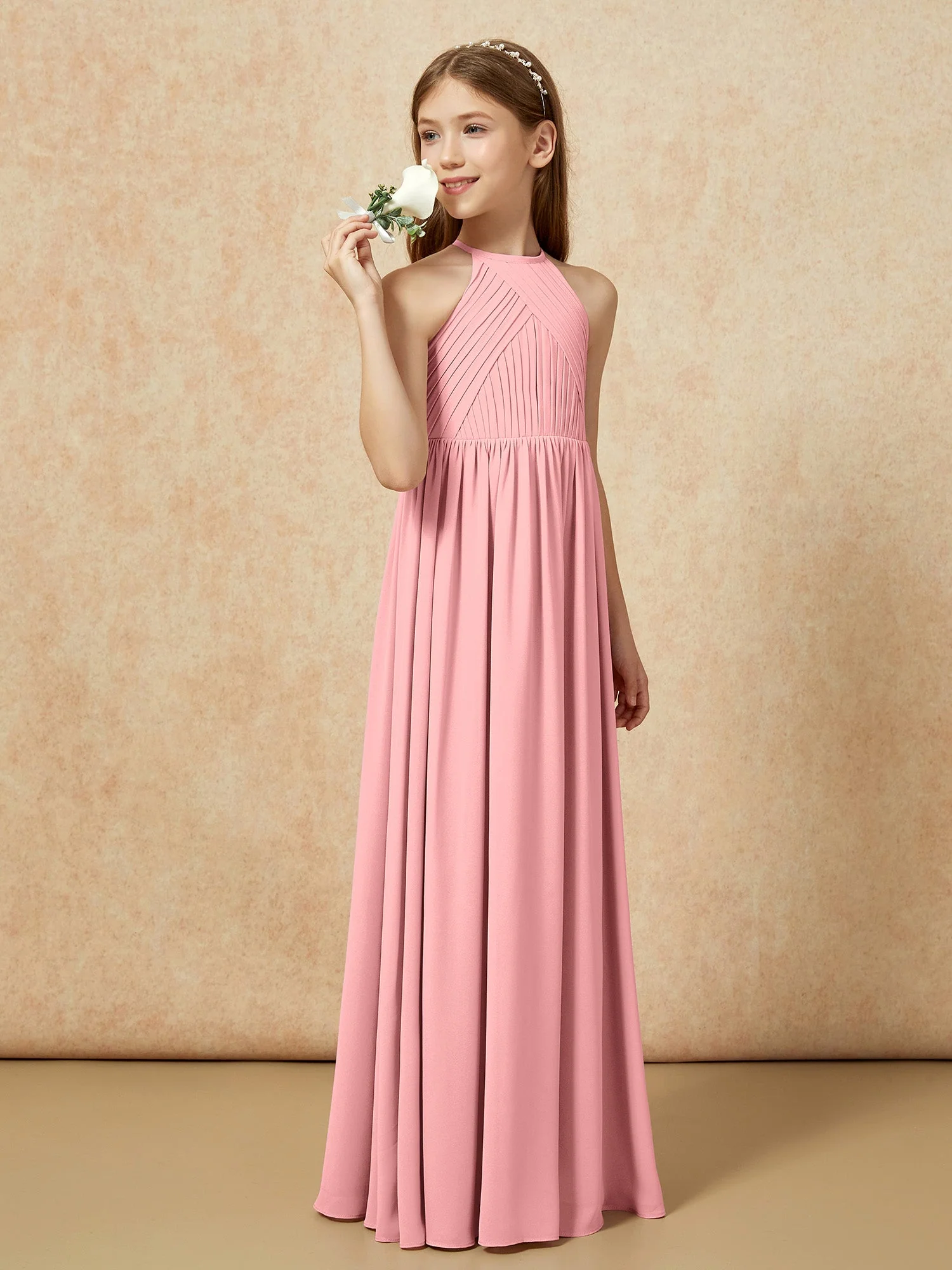 Halshalter Plissee Lang Chiffon Junge Brautjungfernkleider Flamingo - Image 3