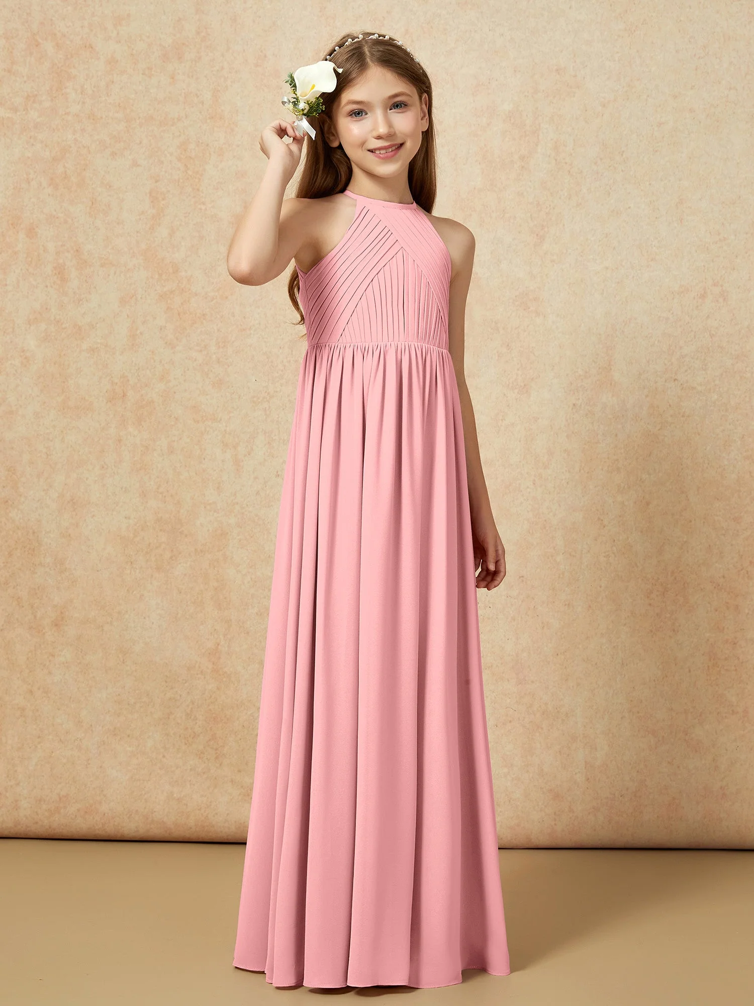 Halshalter Plissee Lang Chiffon Junge Brautjungfernkleider Flamingo - Image 4