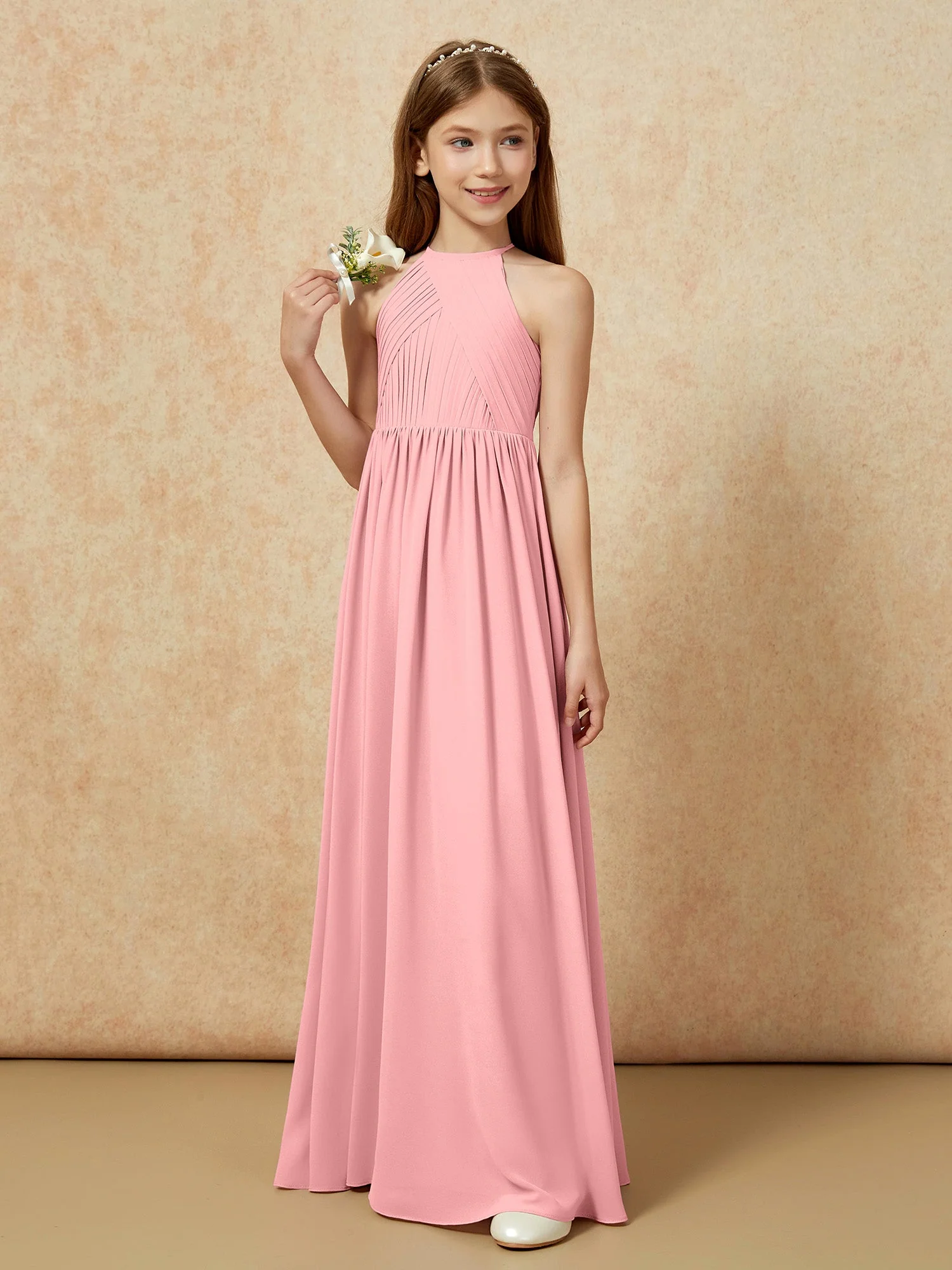 Halshalter Plissee Lang Chiffon Junge Brautjungfernkleider Flamingo - Image 5