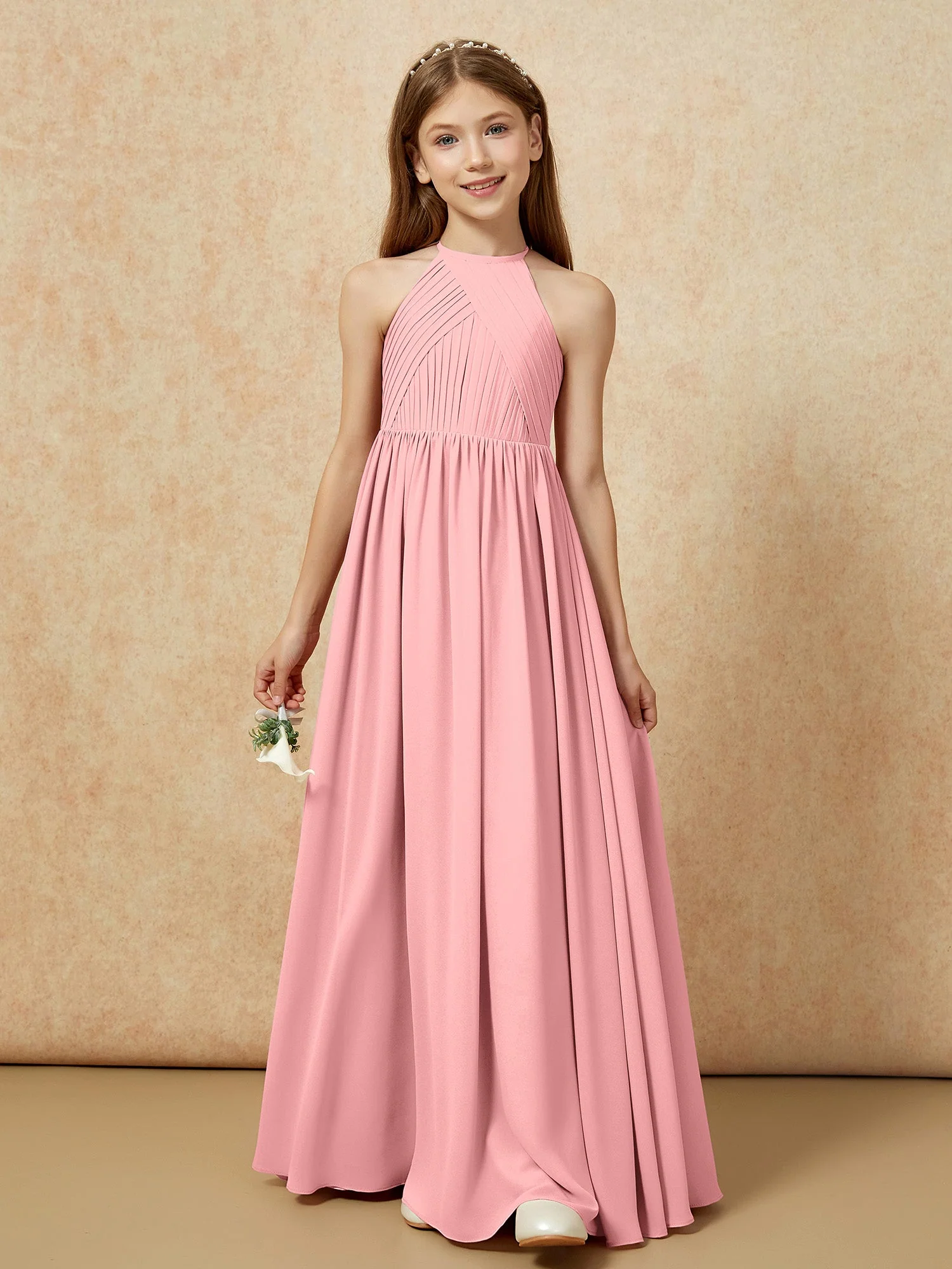 Halshalter Plissee Lang Chiffon Junge Brautjungfernkleider Flamingo - Image 6