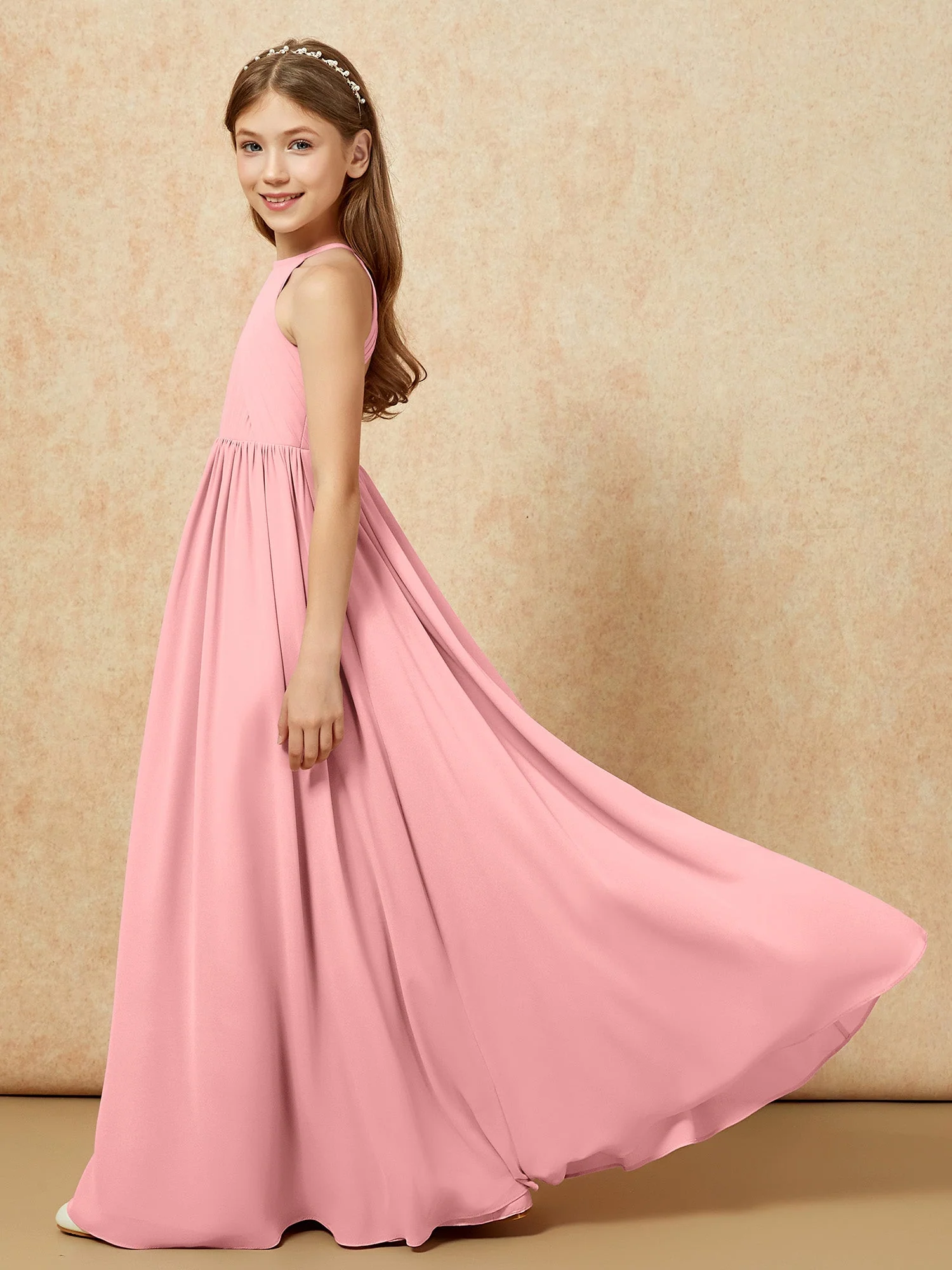 Halshalter Plissee Lang Chiffon Junge Brautjungfernkleider Flamingo - Image 7