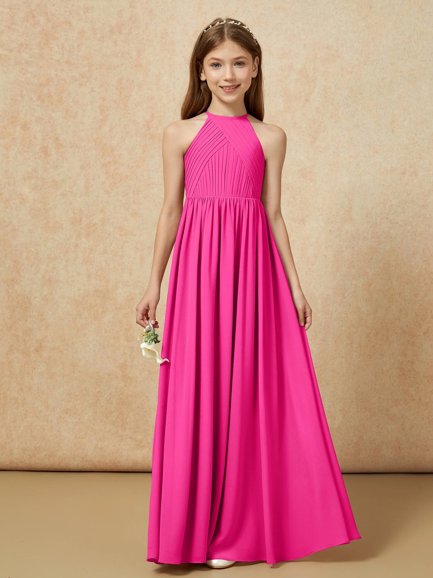 Halshalter Plissee Lang Chiffon Junge Brautjungfernkleider Fuchsia