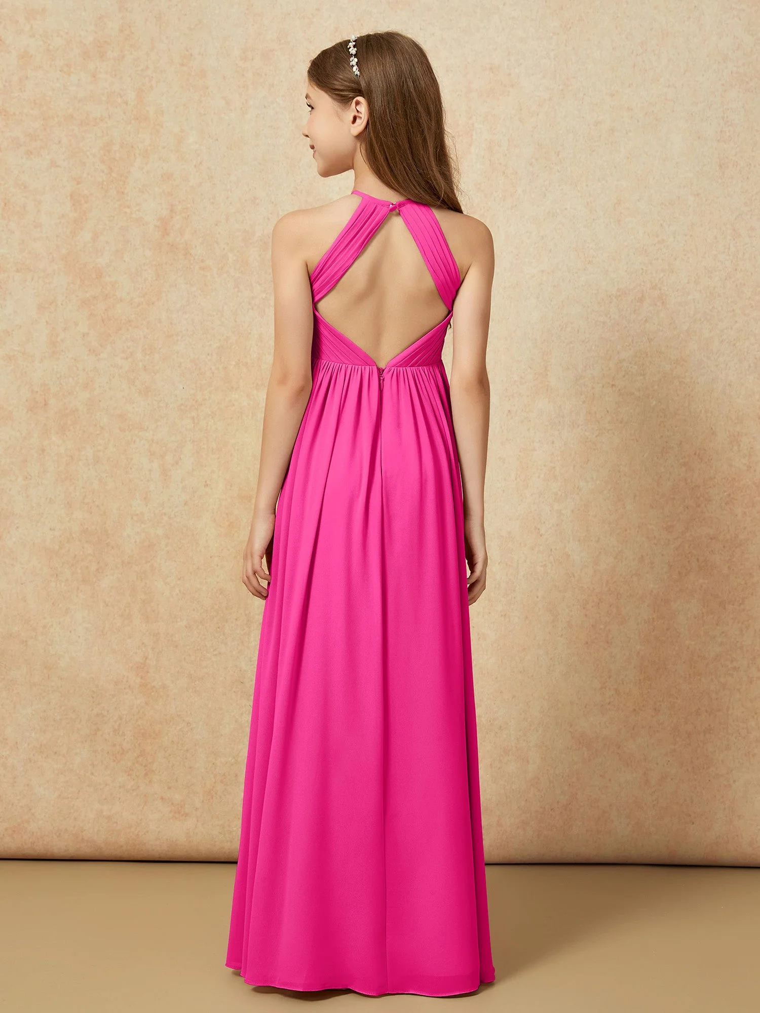 Halshalter Plissee Lang Chiffon Junge Brautjungfernkleider Fuchsia - Image 2