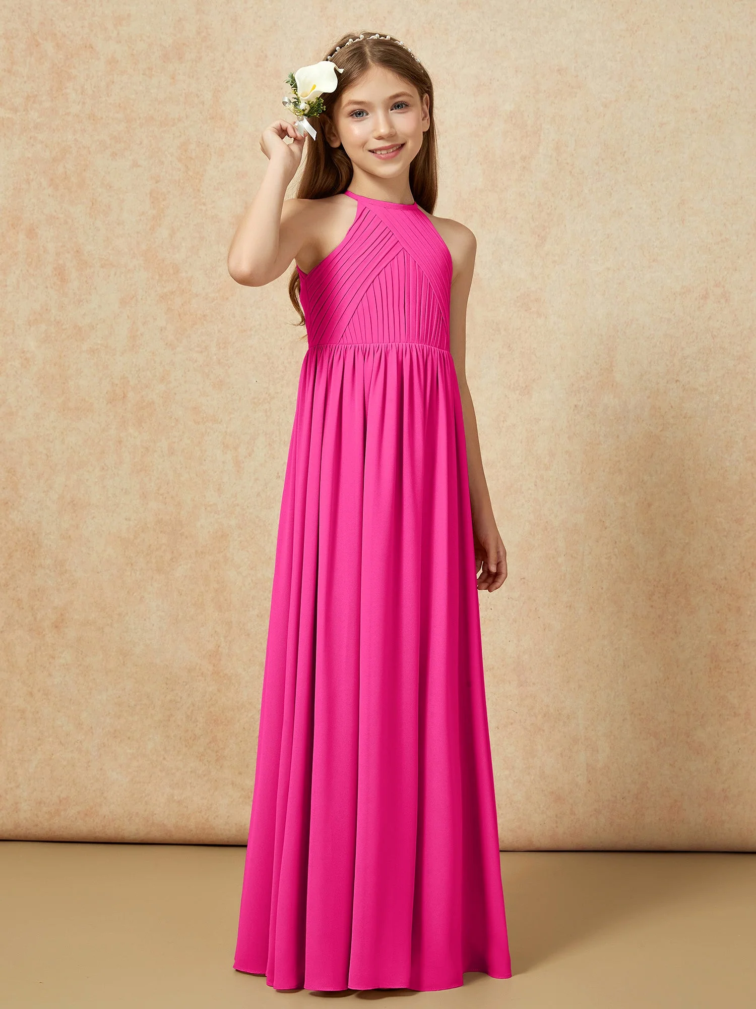 Halshalter Plissee Lang Chiffon Junge Brautjungfernkleider Fuchsia - Image 4