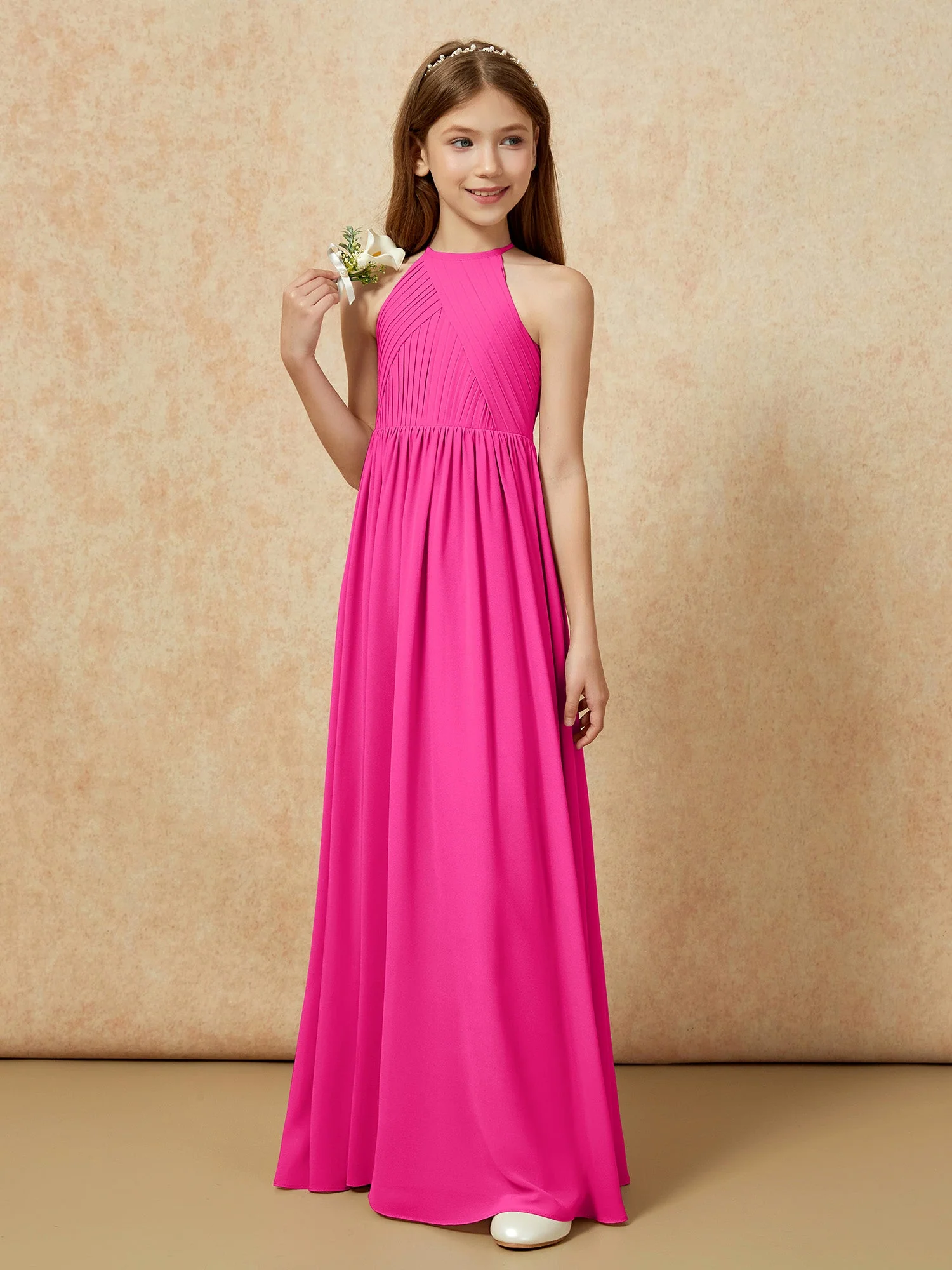 Halshalter Plissee Lang Chiffon Junge Brautjungfernkleider Fuchsia - Image 5