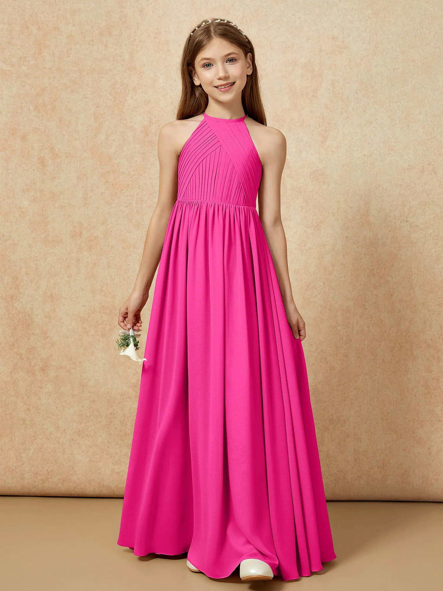 Halshalter Plissee Lang Chiffon Junge Brautjungfernkleider Fuchsia - Image 6