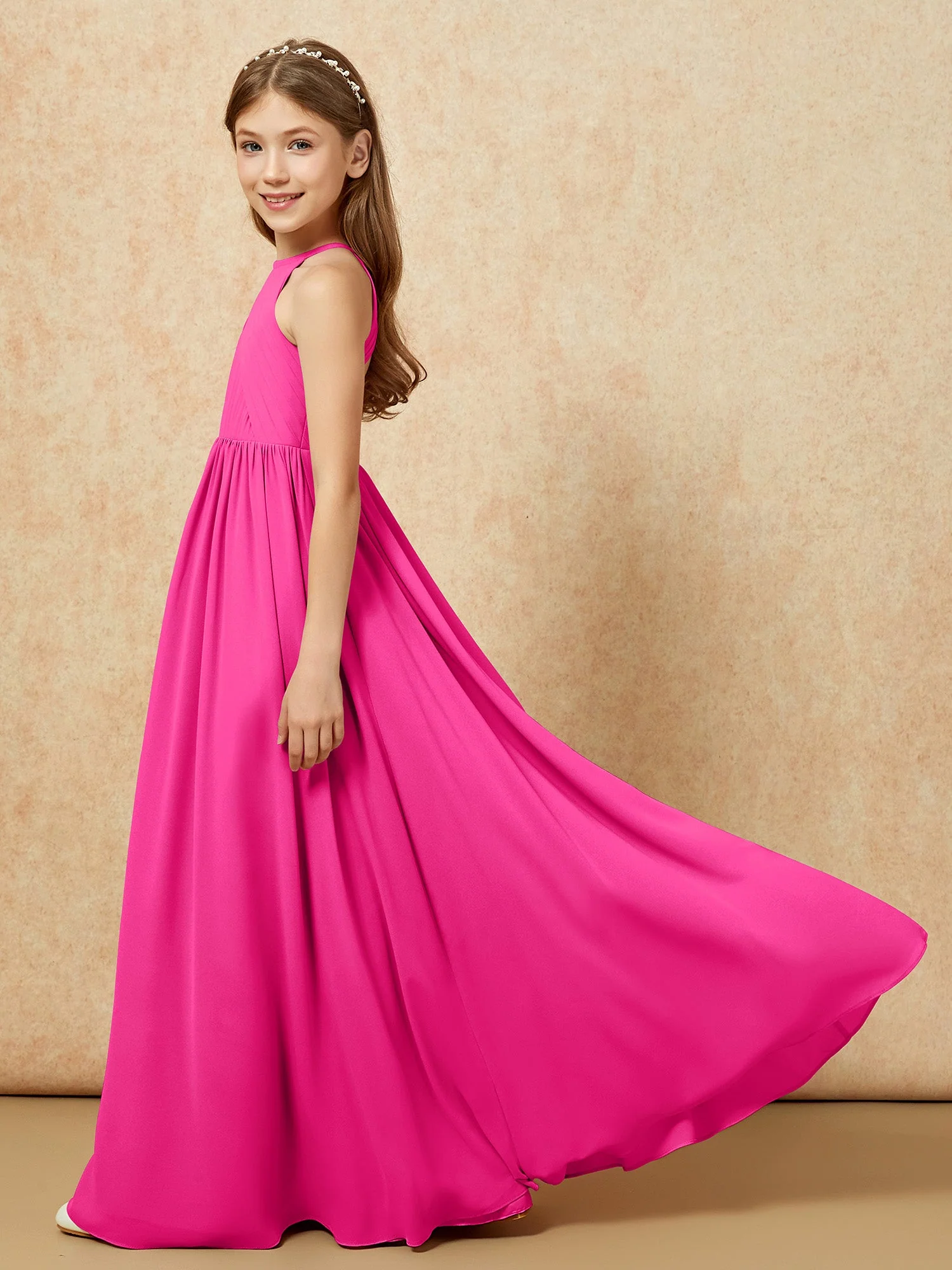 Halshalter Plissee Lang Chiffon Junge Brautjungfernkleider Fuchsia - Image 7
