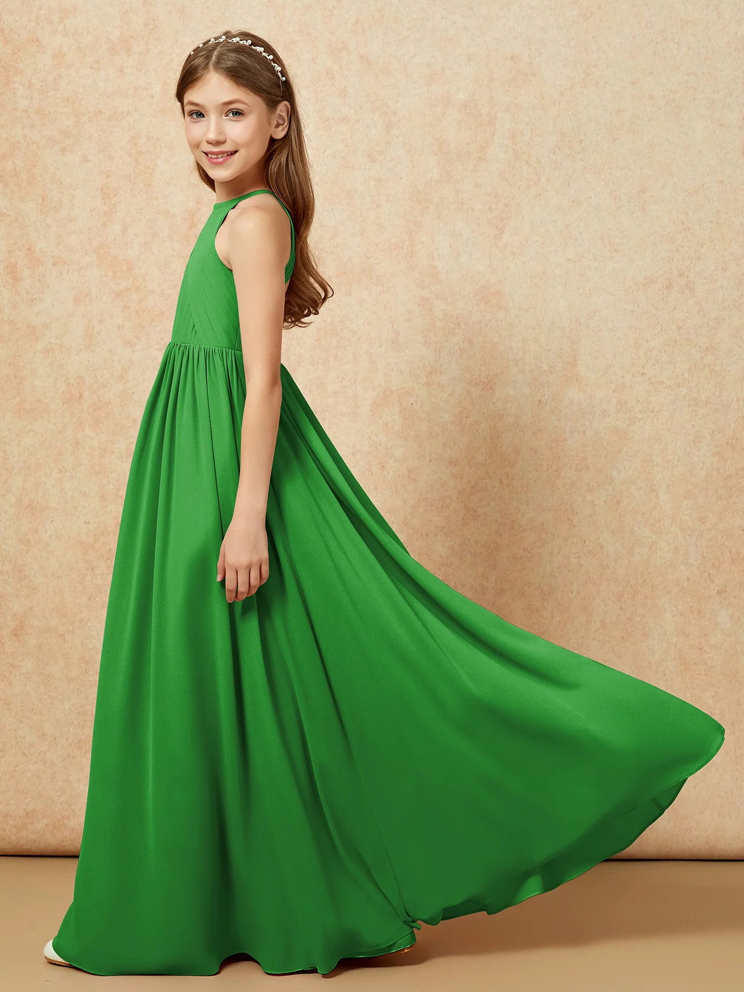 Halshalter Plissee Lang Chiffon Junge Brautjungfernkleider Grün - Image 7