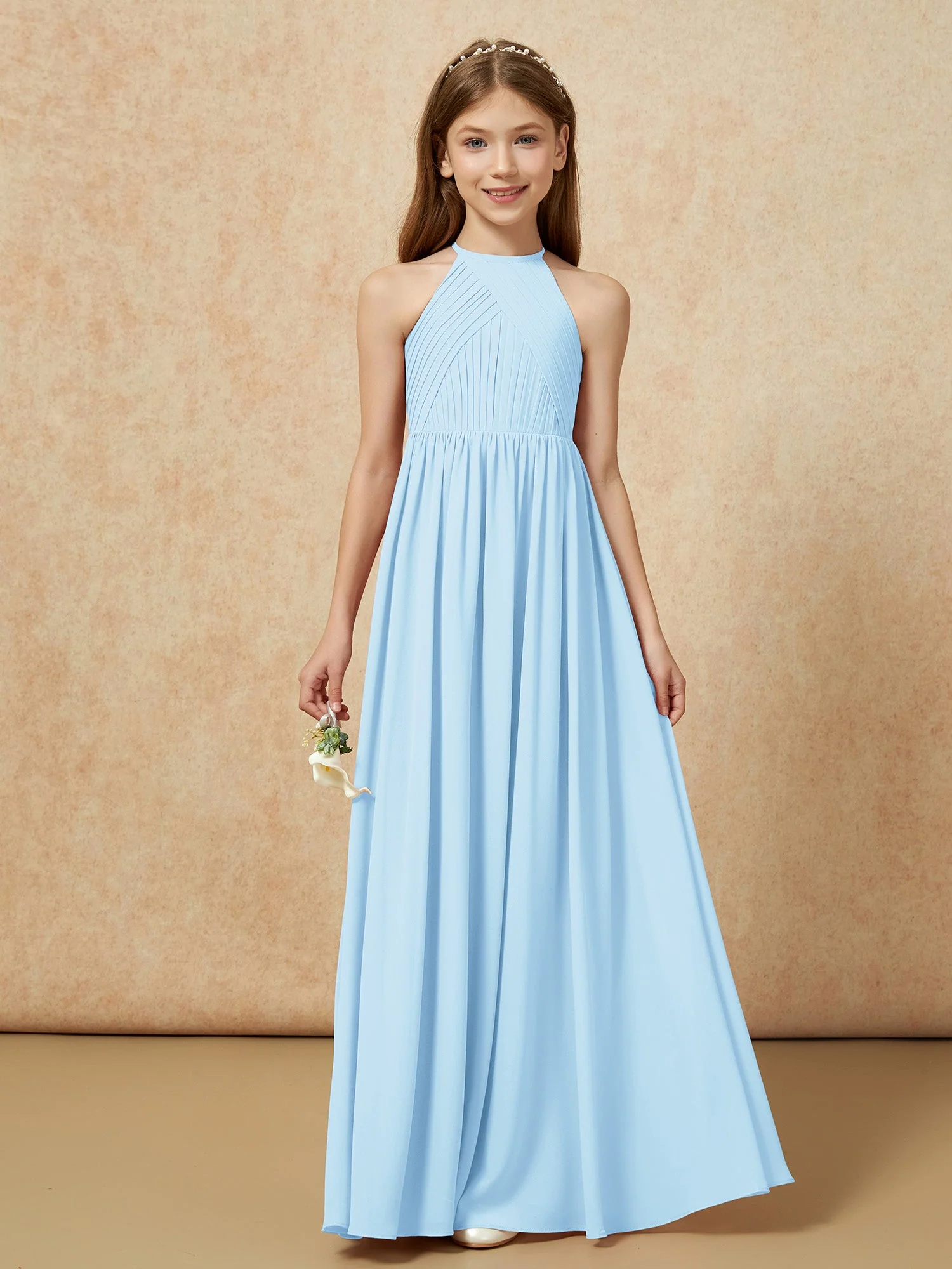 Halshalter Plissee Lang Chiffon Junge Brautjungfernkleider Himmelblau