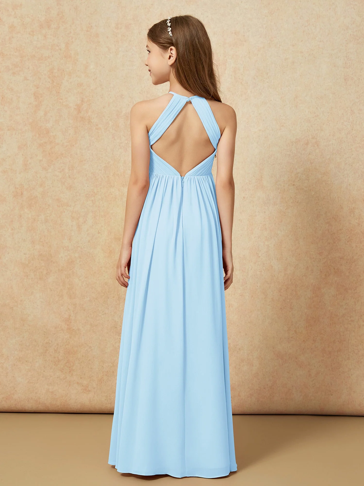 Halshalter Plissee Lang Chiffon Junge Brautjungfernkleider Himmelblau - Image 2