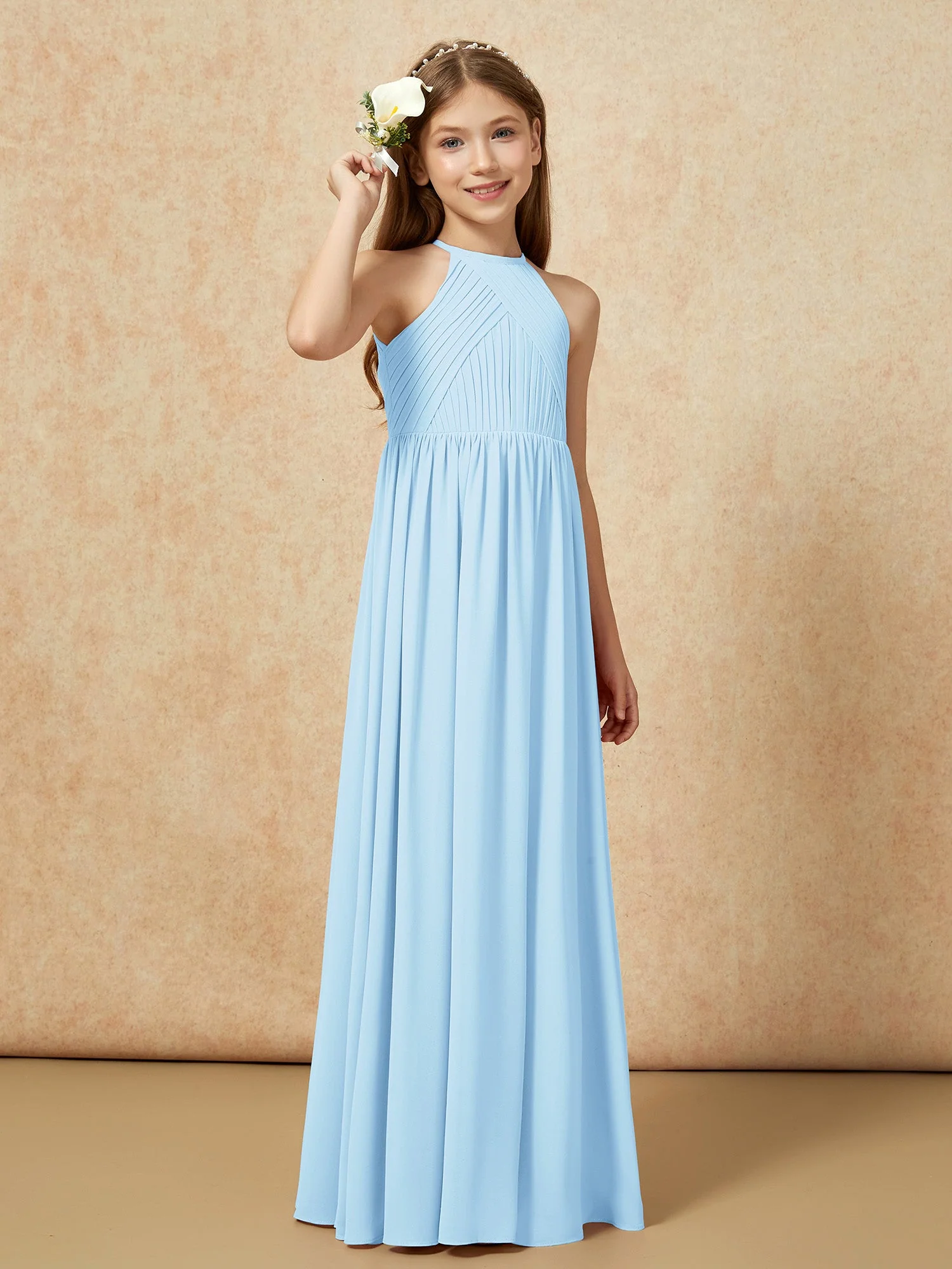 Halshalter Plissee Lang Chiffon Junge Brautjungfernkleider Himmelblau - Image 4