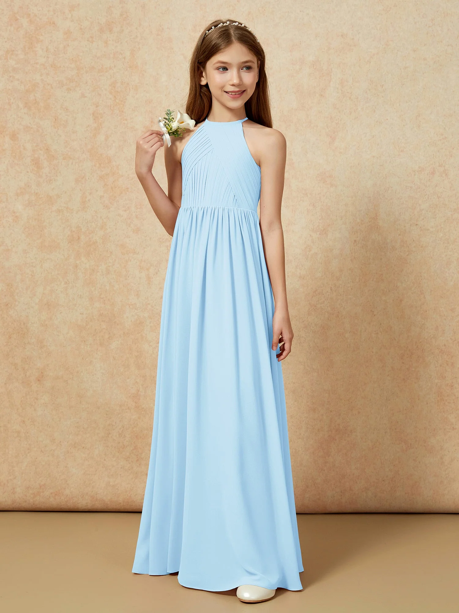 Halshalter Plissee Lang Chiffon Junge Brautjungfernkleider Himmelblau - Image 5