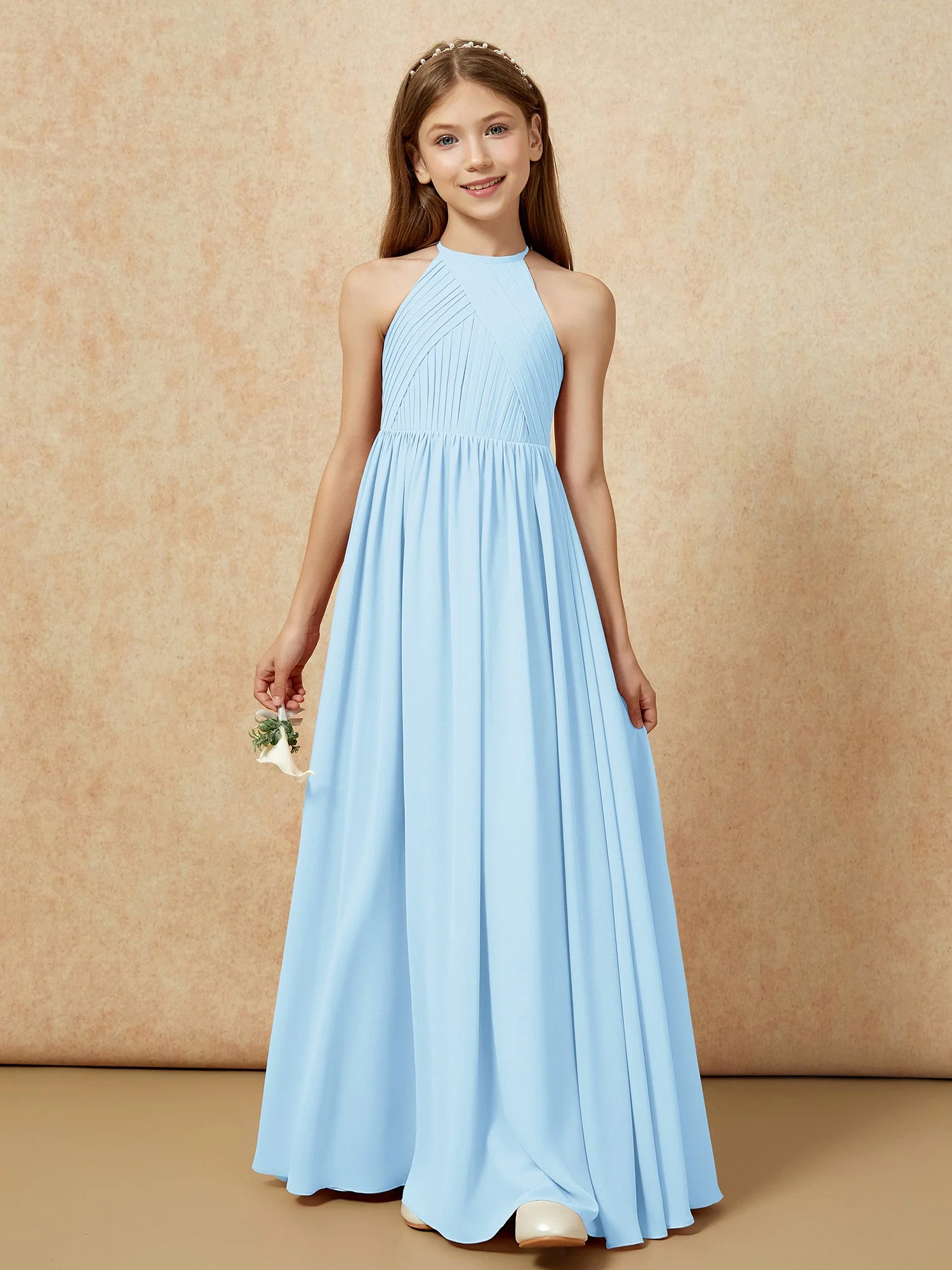 Halshalter Plissee Lang Chiffon Junge Brautjungfernkleider Himmelblau - Image 6