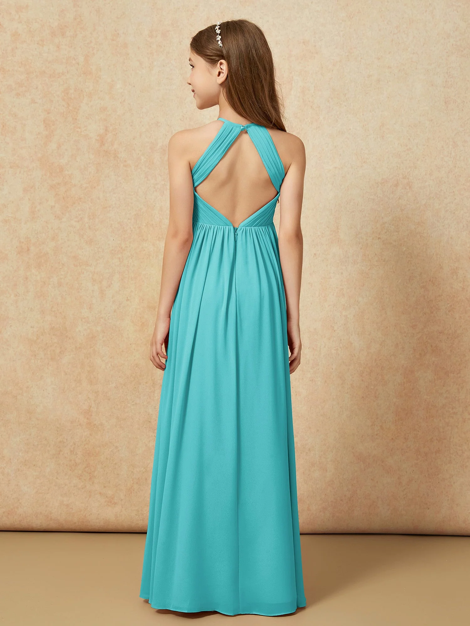 Halshalter Plissee Lang Chiffon Junge Brautjungfernkleider Jade - Image 2