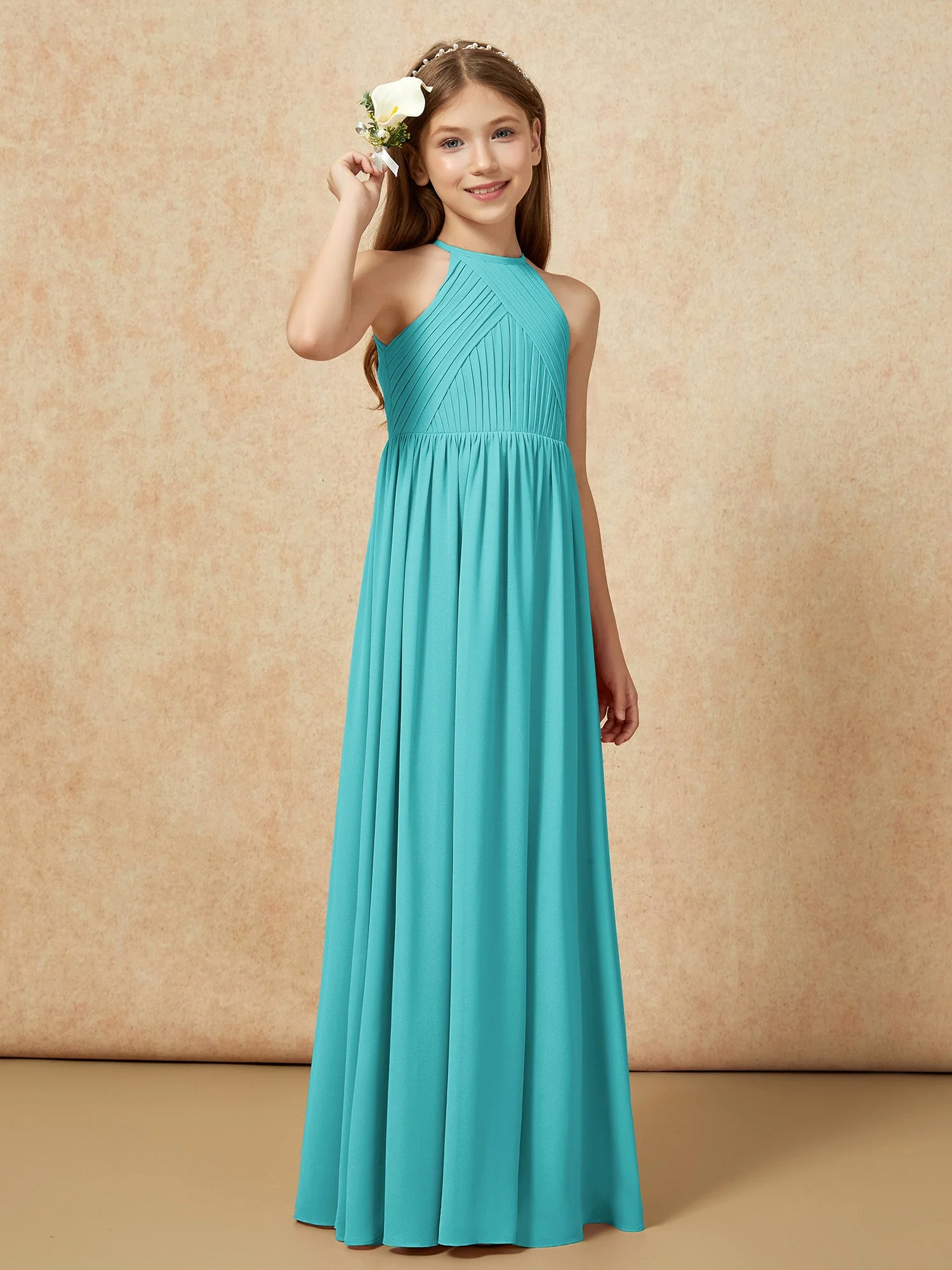 Halshalter Plissee Lang Chiffon Junge Brautjungfernkleider Jade - Image 4