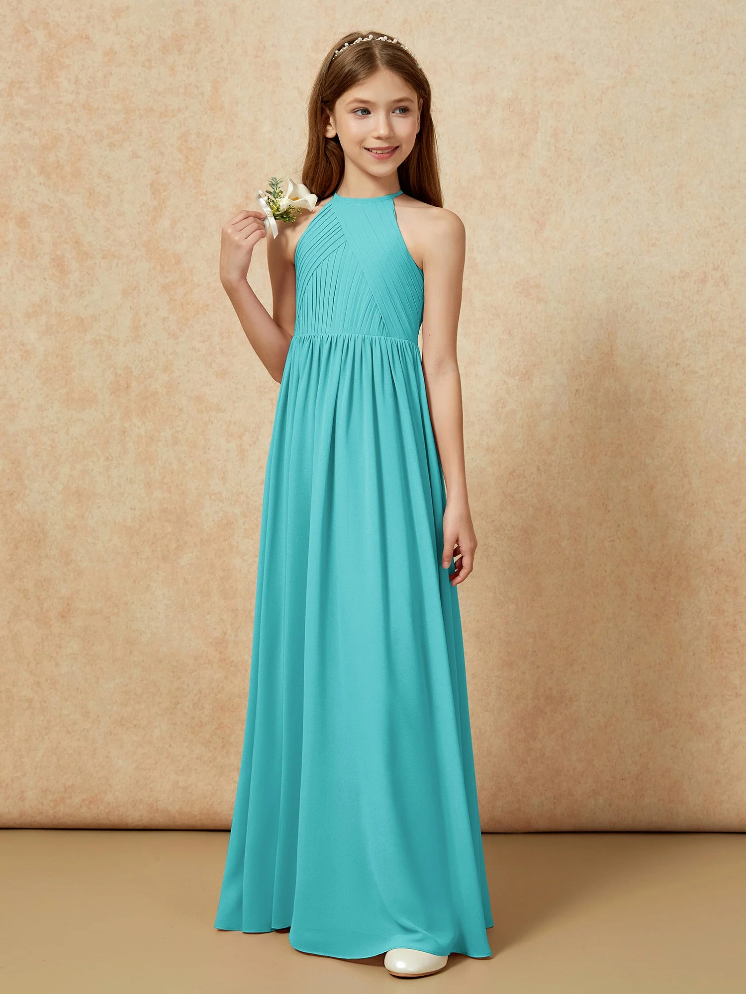 Halshalter Plissee Lang Chiffon Junge Brautjungfernkleider Jade - Image 5