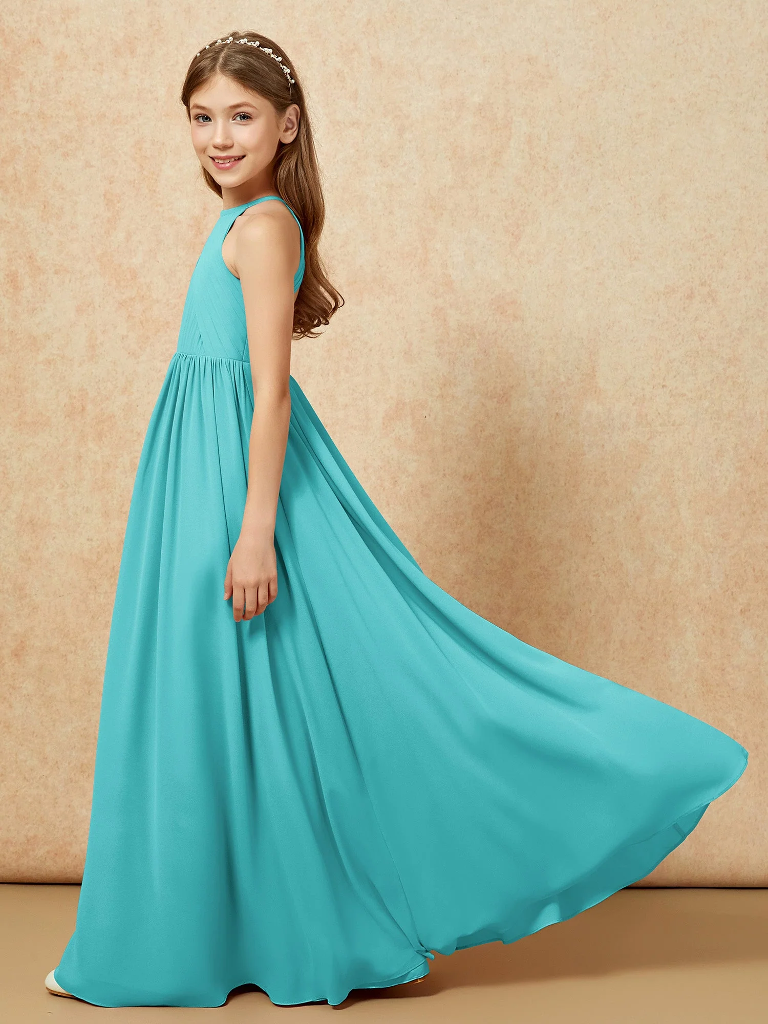 Halshalter Plissee Lang Chiffon Junge Brautjungfernkleider Jade - Image 7