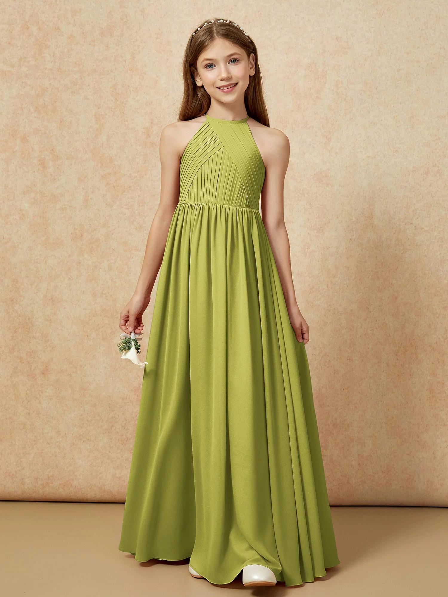 Halshalter Plissee Lang Chiffon Junge Brautjungfernkleider Kleegrün - Image 6