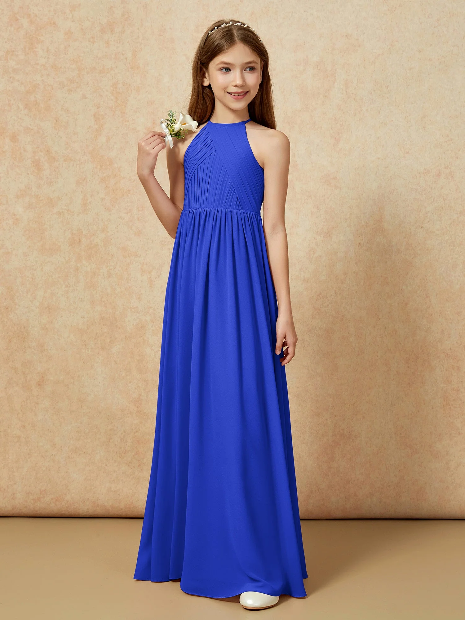 Halshalter Plissee Lang Chiffon Junge Brautjungfernkleider Königsblau - Image 5