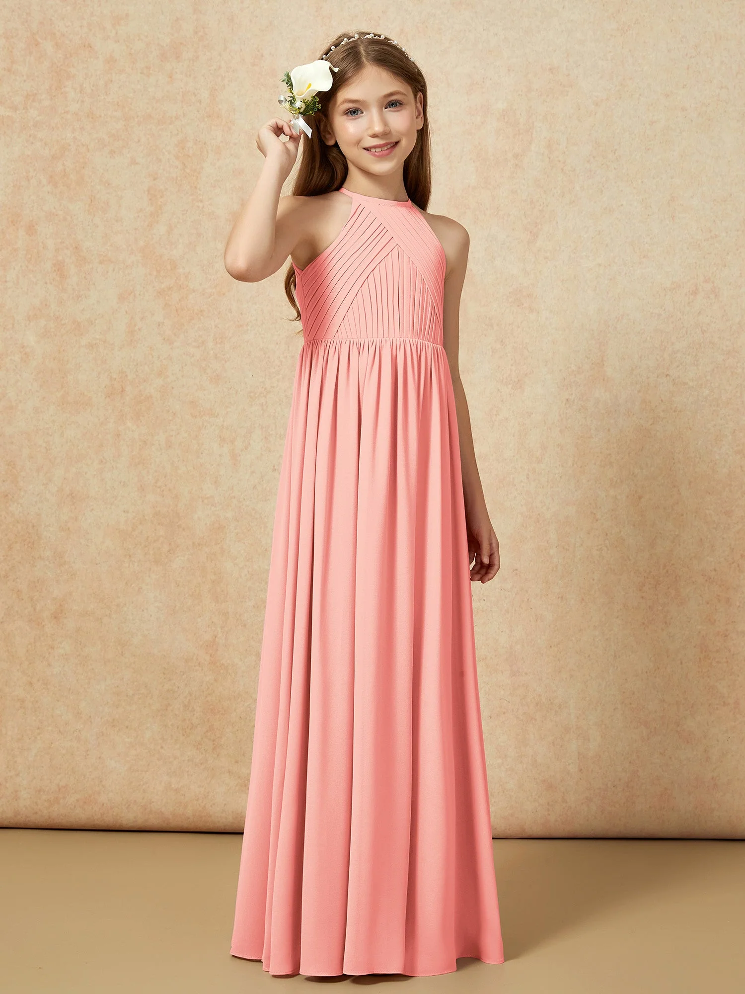 Halshalter Plissee Lang Chiffon Junge Brautjungfernkleider Koralle - Image 4