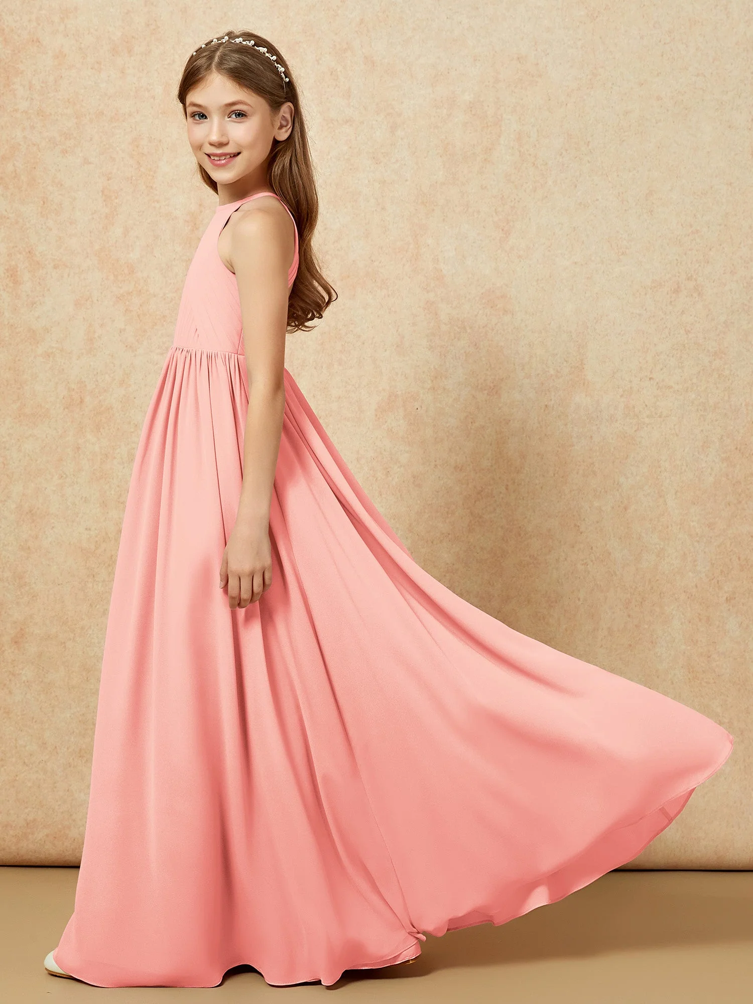 Halshalter Plissee Lang Chiffon Junge Brautjungfernkleider Koralle - Image 7