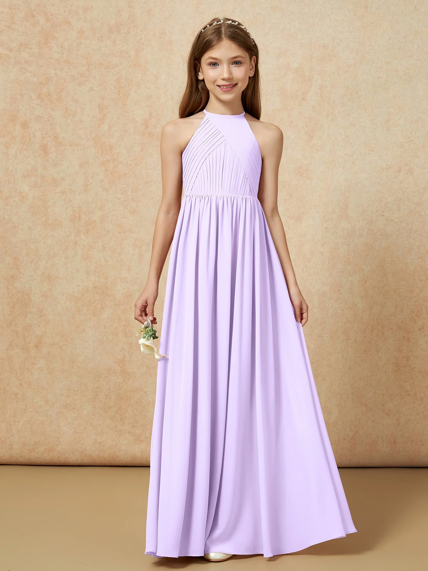 Halshalter Plissee Lang Chiffon Junge Brautjungfernkleider Lila