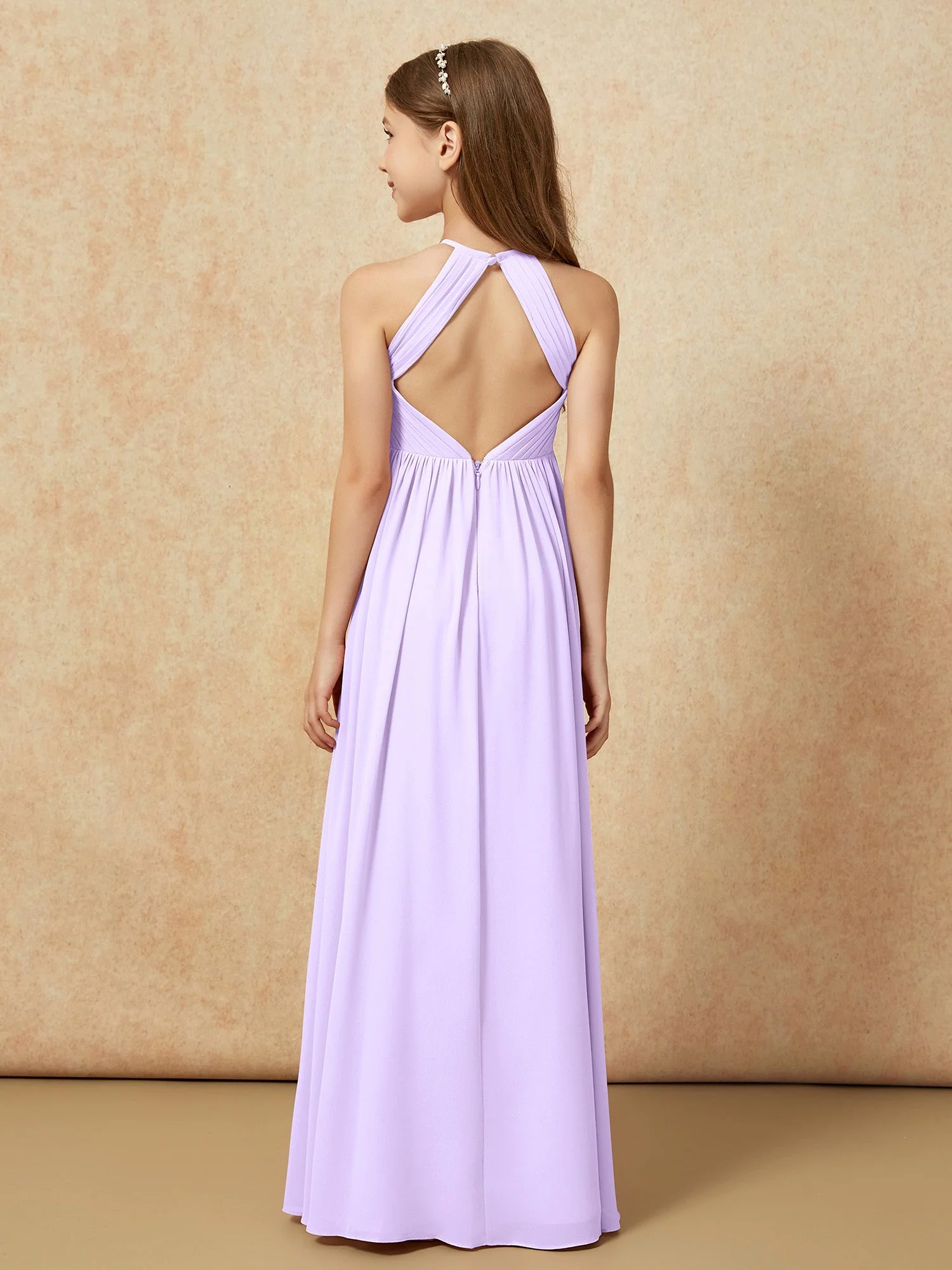 Halshalter Plissee Lang Chiffon Junge Brautjungfernkleider Lila - Image 2
