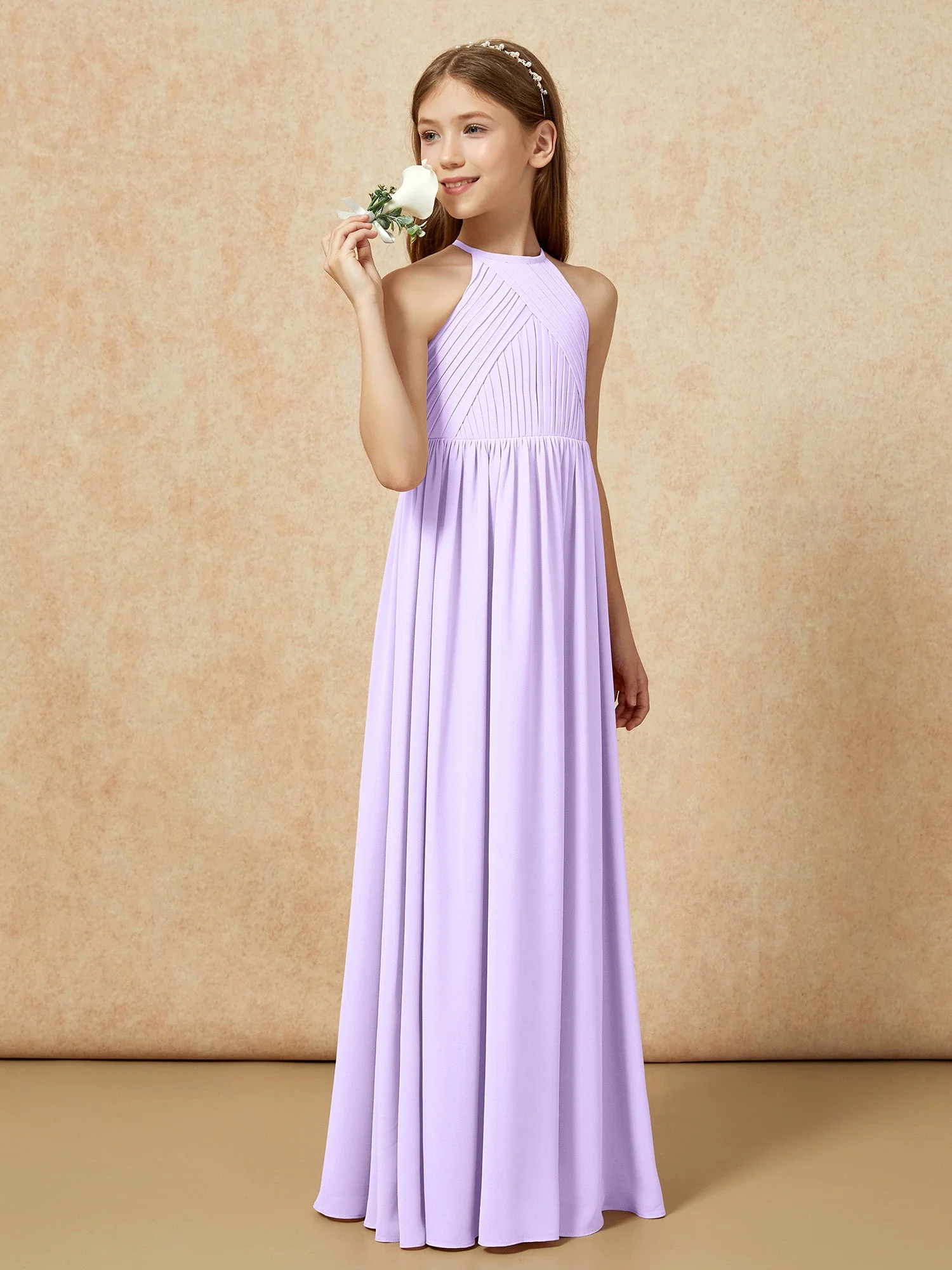 Halshalter Plissee Lang Chiffon Junge Brautjungfernkleider Lila - Image 3