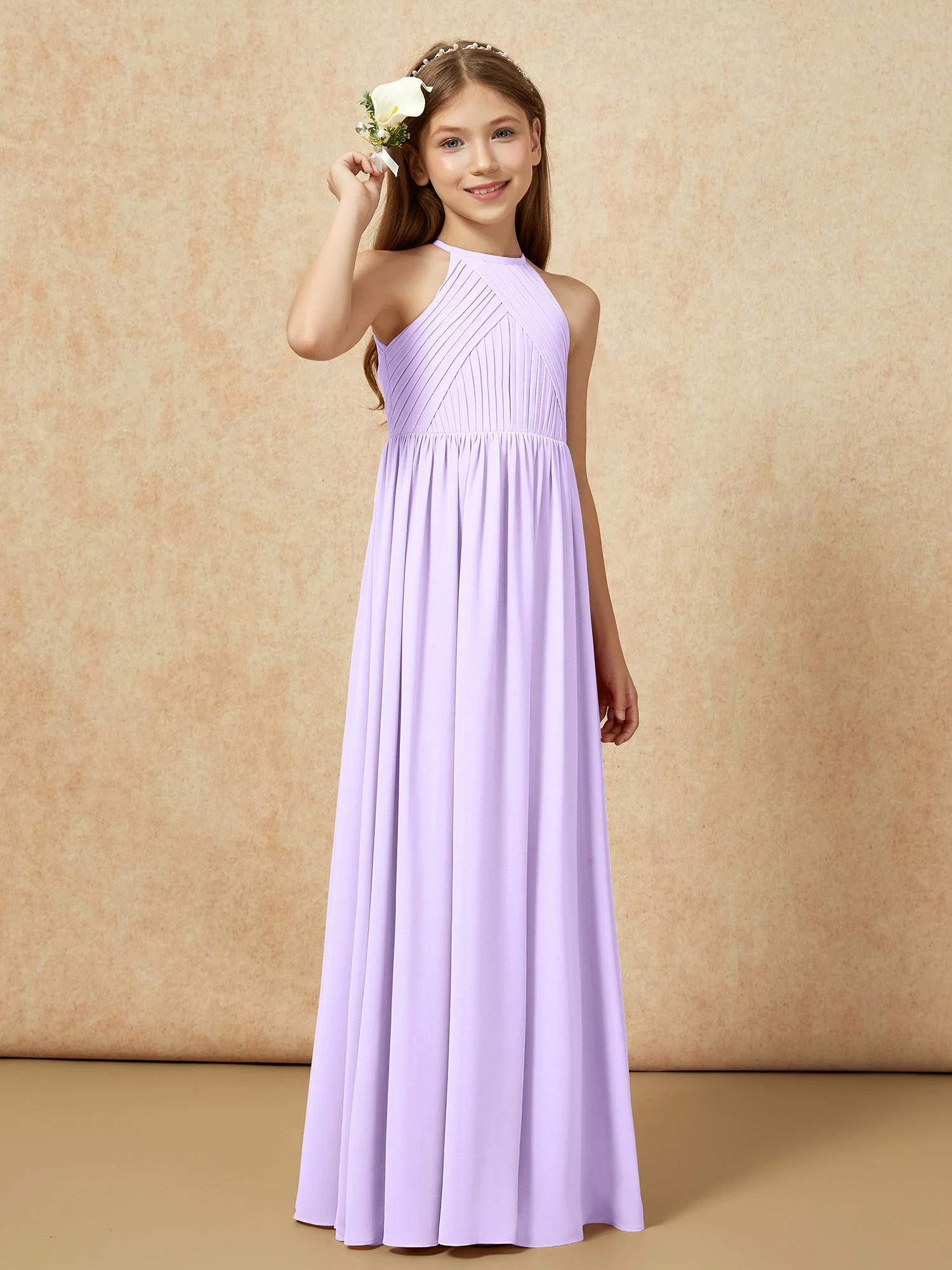 Halshalter Plissee Lang Chiffon Junge Brautjungfernkleider Lila - Image 4