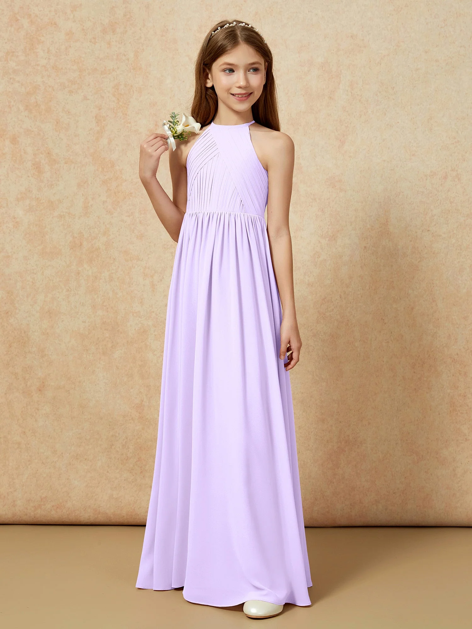 Halshalter Plissee Lang Chiffon Junge Brautjungfernkleider Lila - Image 5