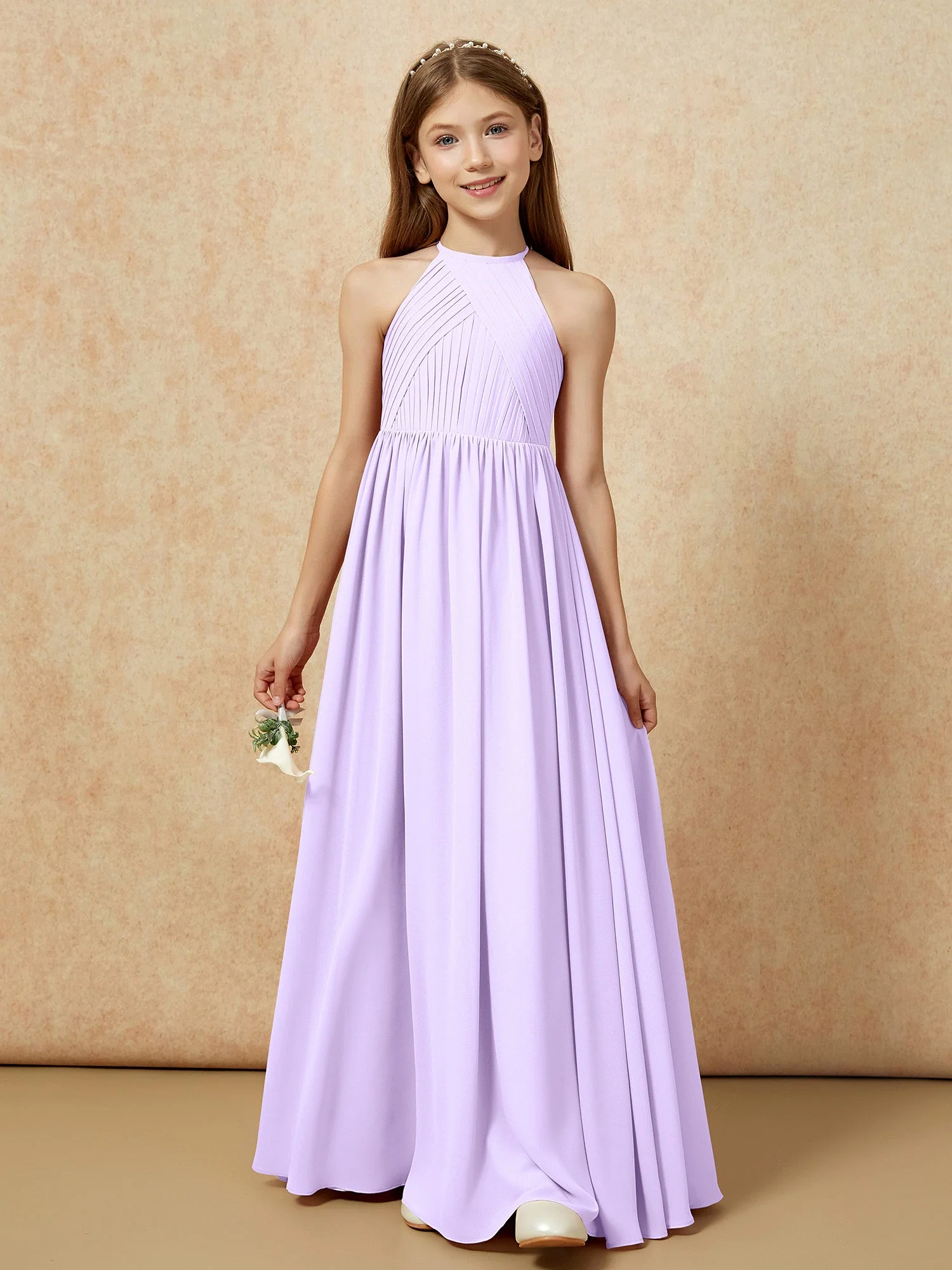 Halshalter Plissee Lang Chiffon Junge Brautjungfernkleider Lila - Image 6