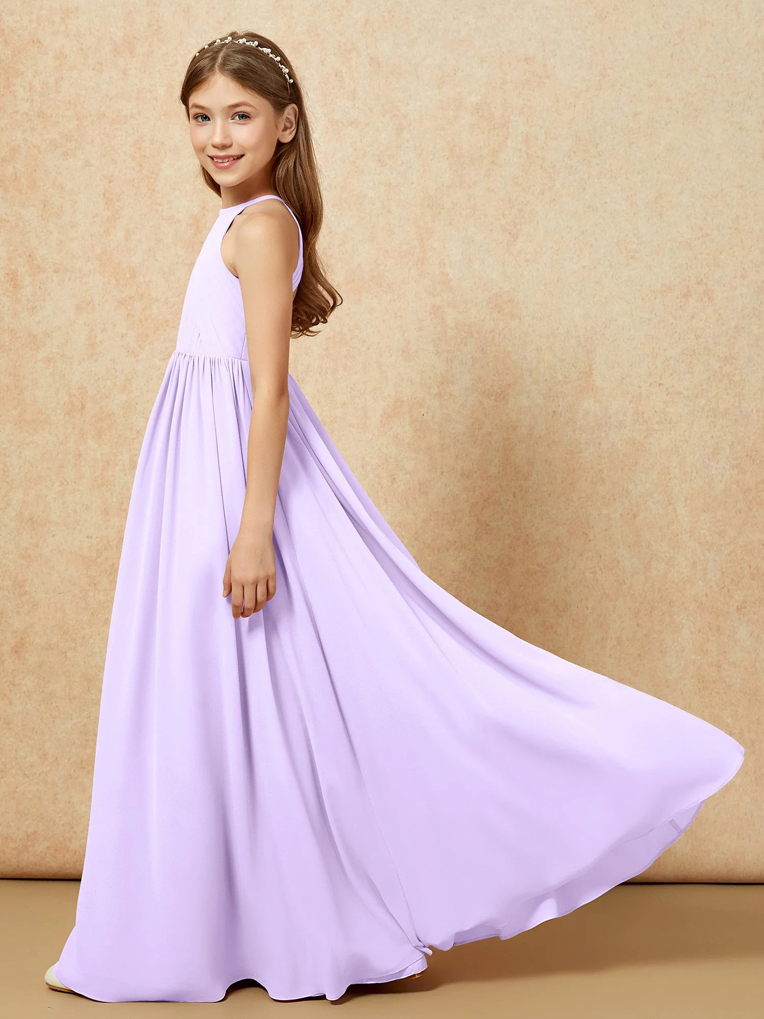 Halshalter Plissee Lang Chiffon Junge Brautjungfernkleider Lila - Image 7